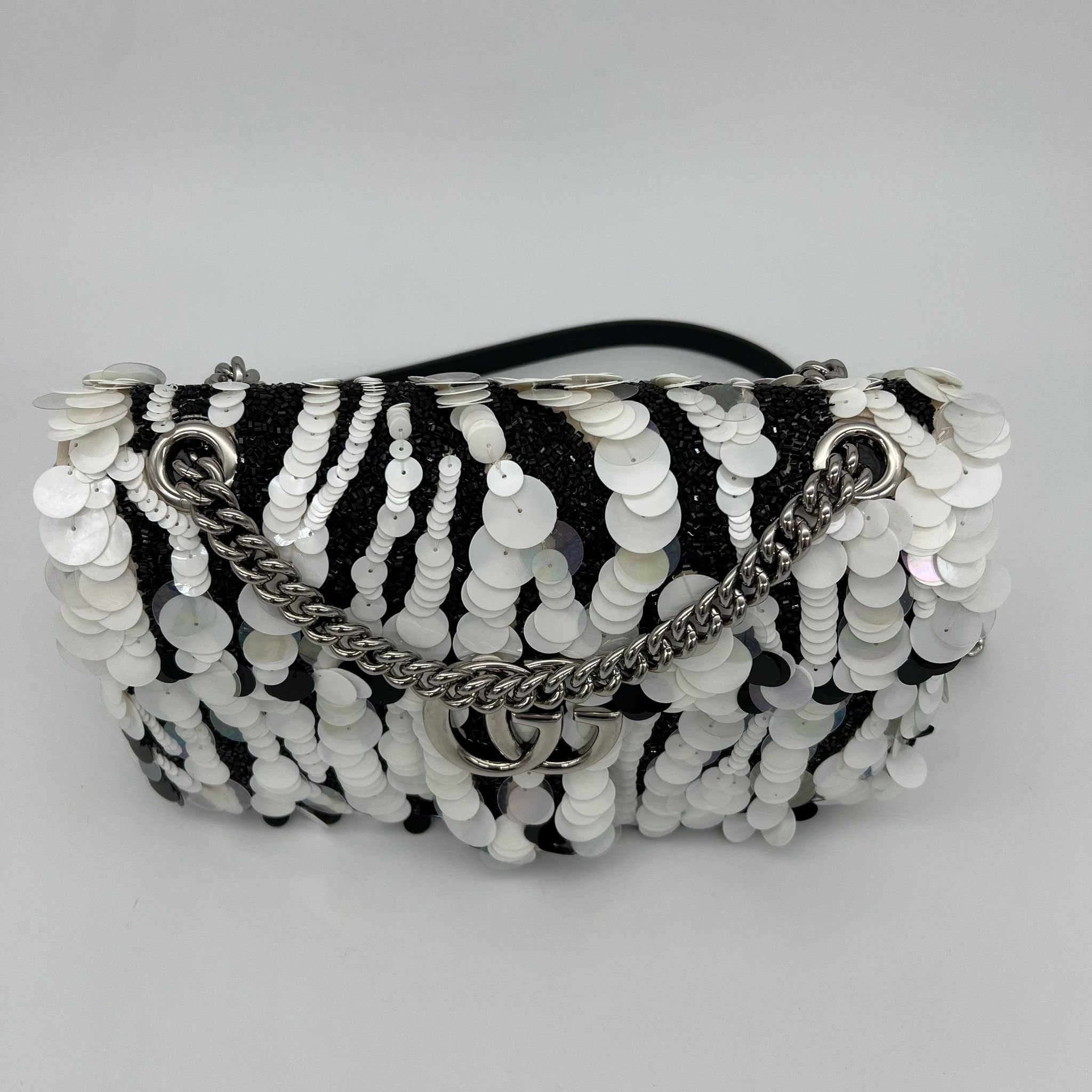 Gucci GG Marmont 2.0 Flap Bag Zebra Sequin Embellished Satin front top
