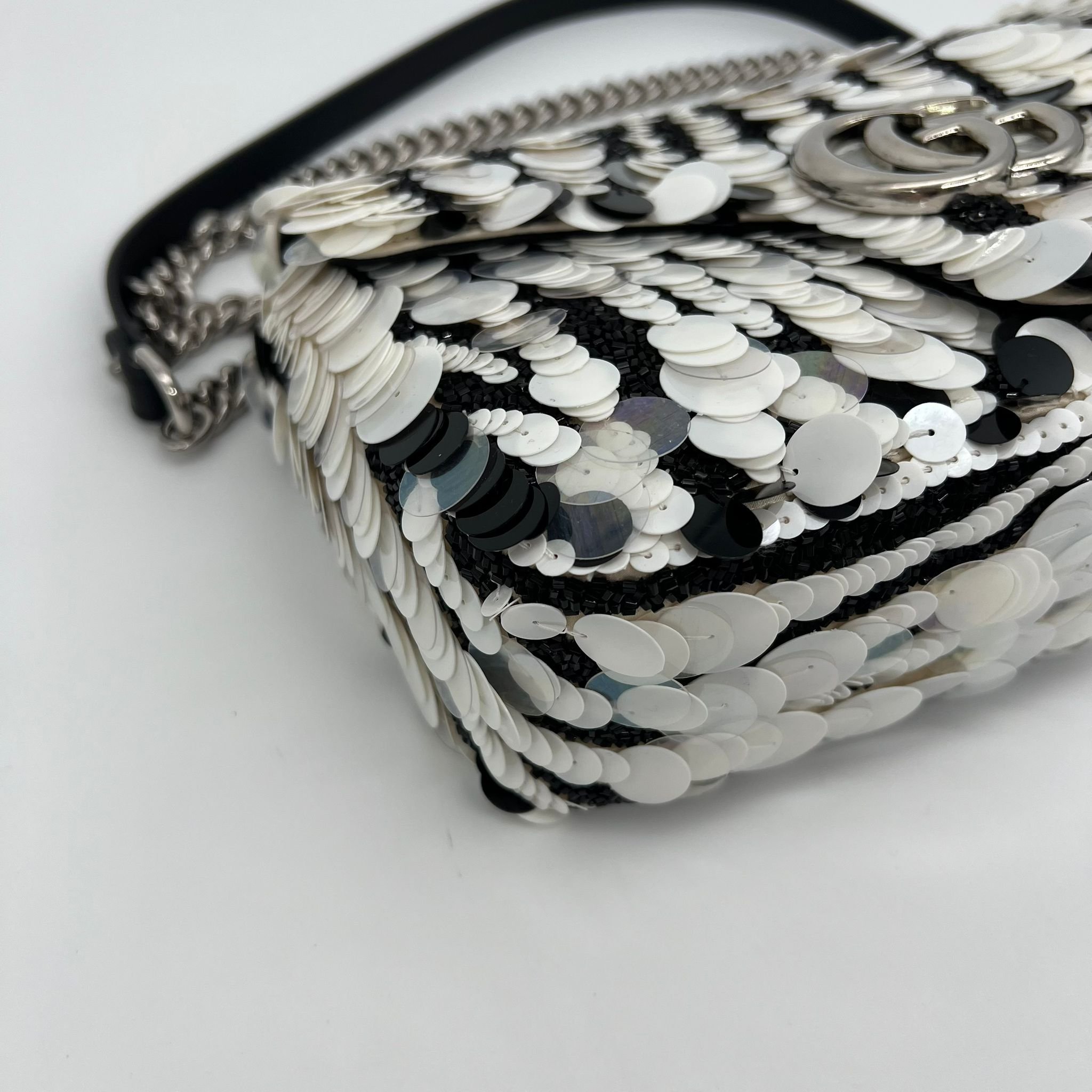 Gucci GG Marmont 2.0 Flap Bag Zebra Sequin Embellished Satin corner