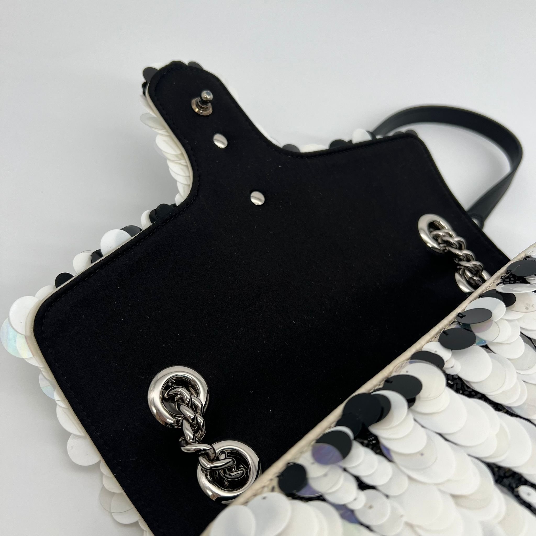 Gucci GG Marmont 2.0 Flap Bag Zebra Sequin Embellished Satin interior flap