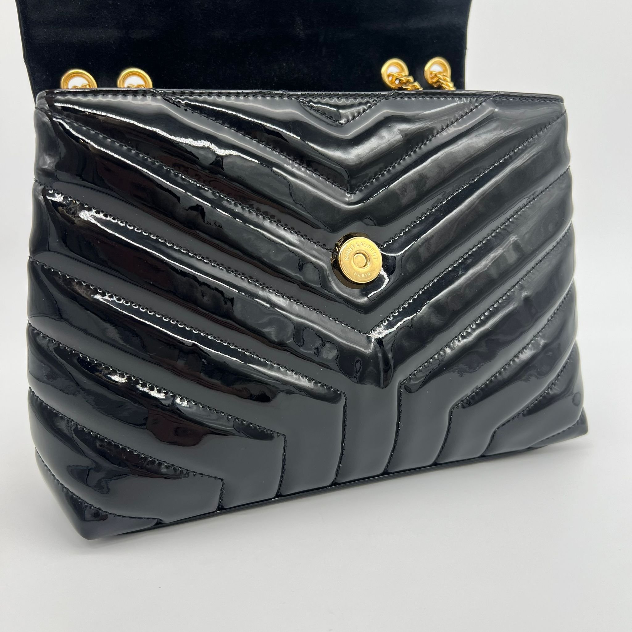 Saint Laurent YSL Small Loulou Bag Black Patent Leather with Gold Hardware under flap