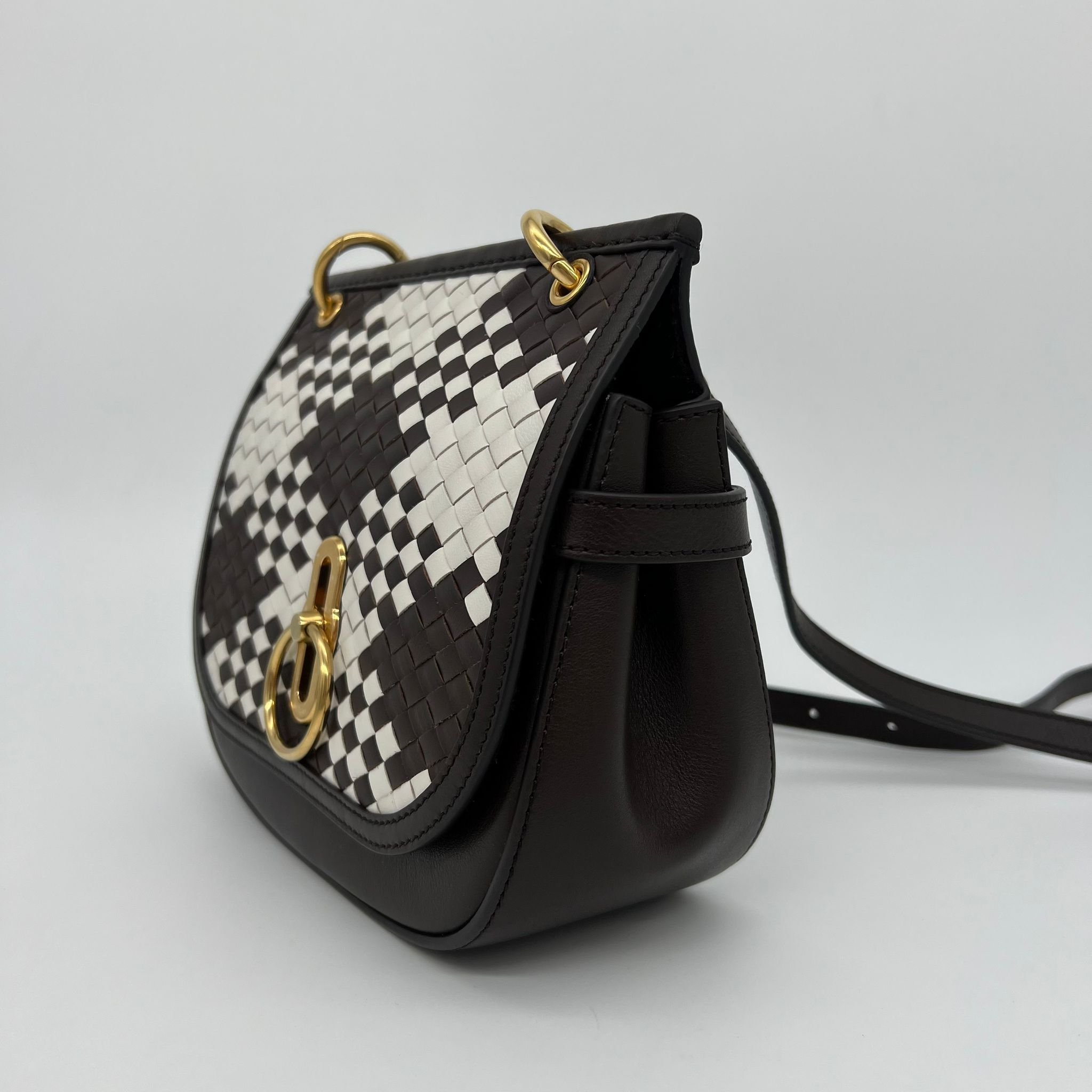 Mulberry Amberley Small Satchel Bag Woven Vichy Brown and White Leather side