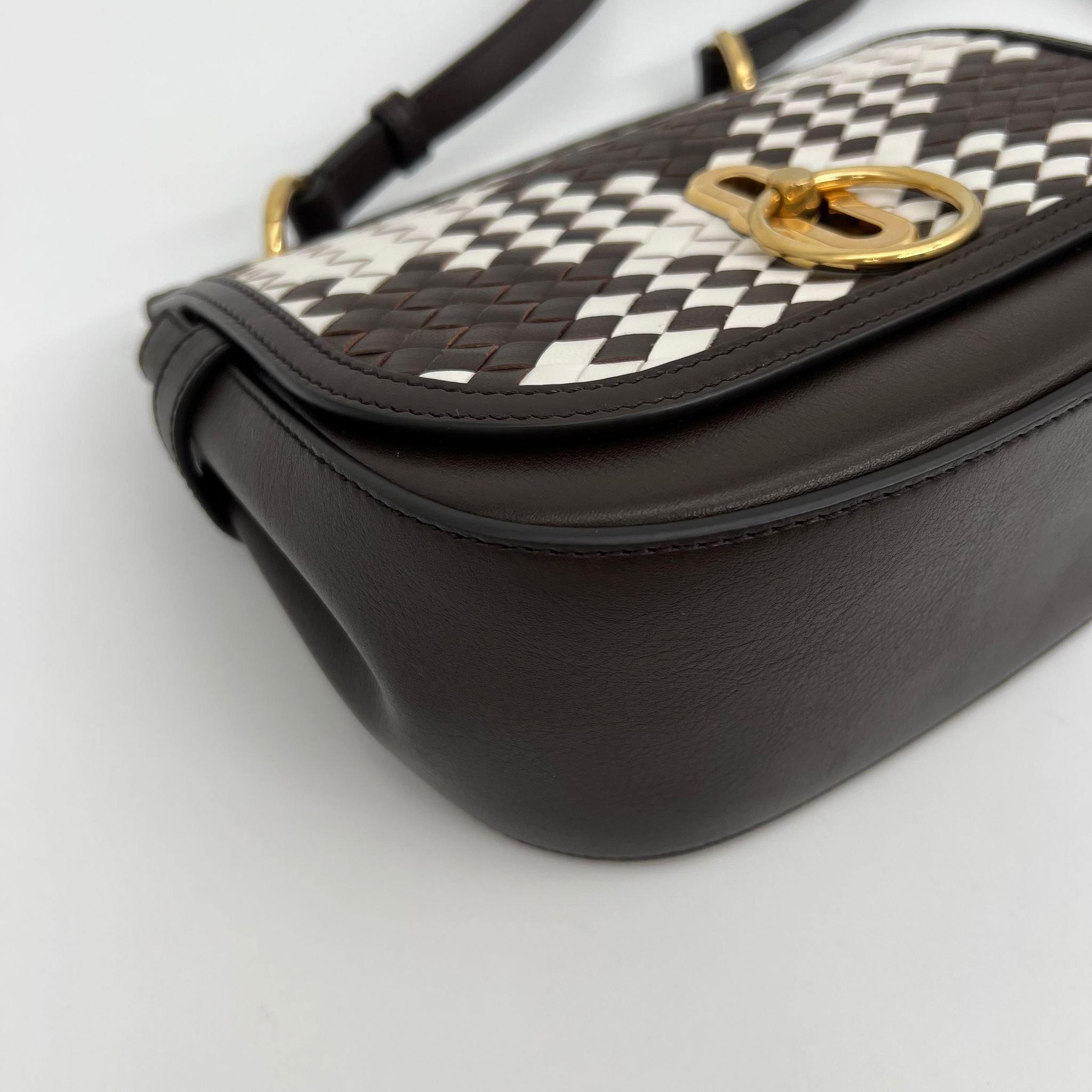 Mulberry Amberley Small Satchel Bag Woven Vichy Brown and White Leather corner