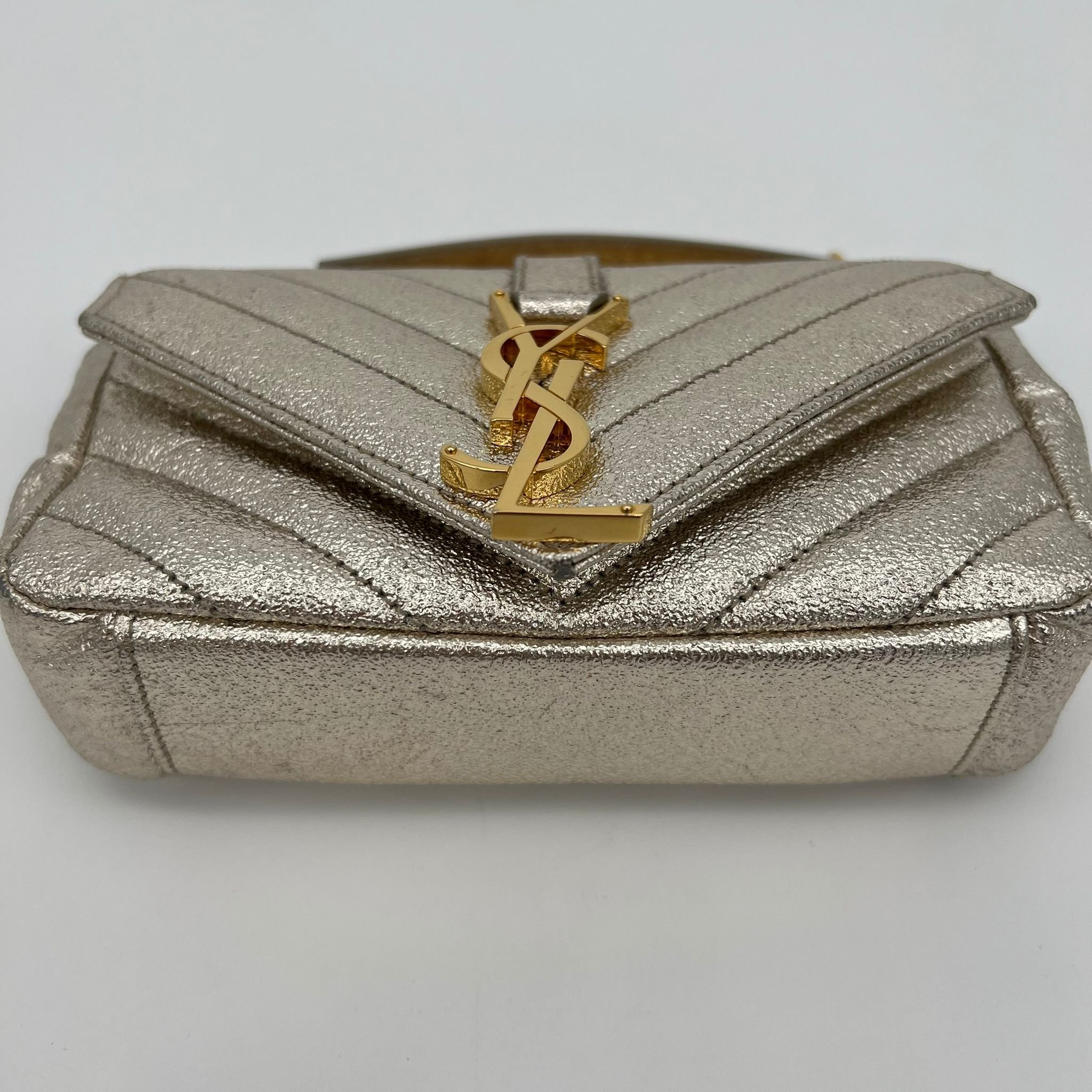 Saint Laurent YSL Baby Monogram Envelope Bag in Metallic Champagne Gold Chevron Leather and Gold Hardware bottom