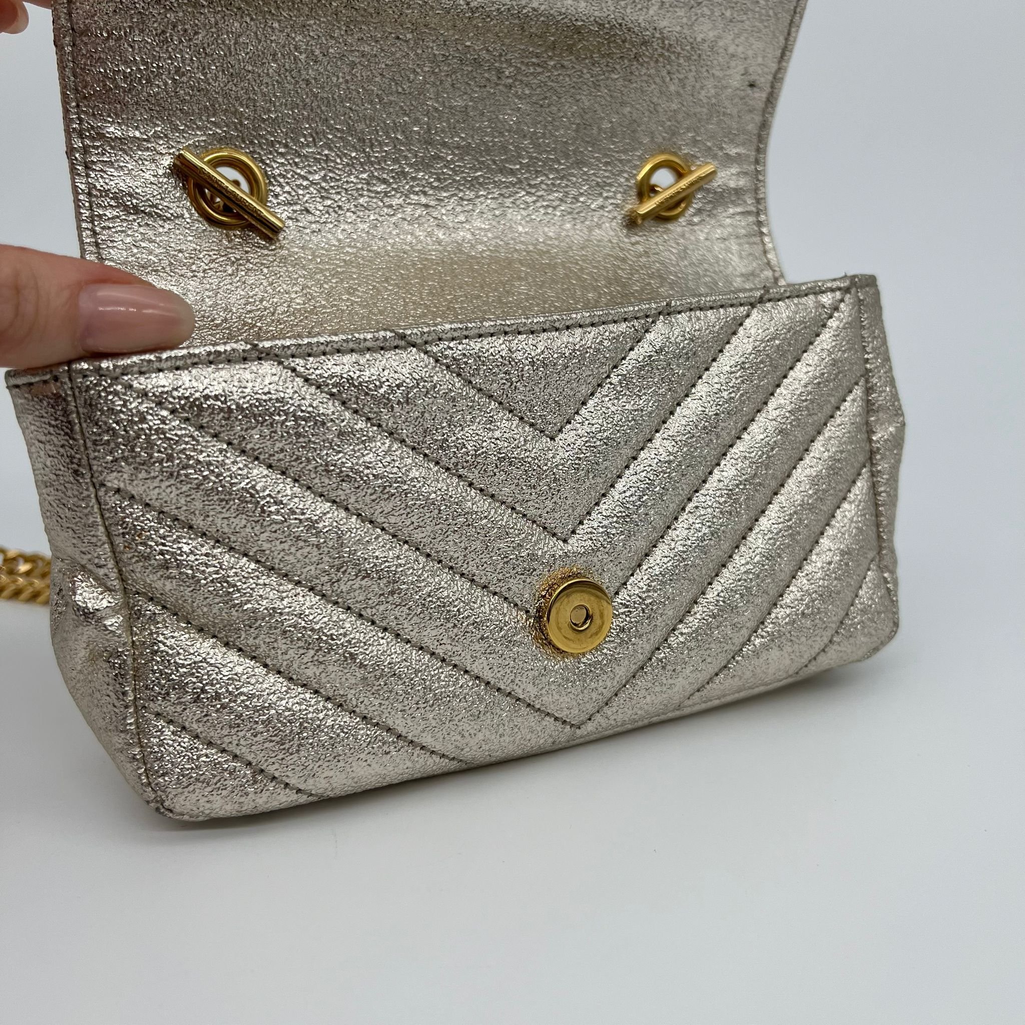 Saint Laurent YSL Baby Monogram Envelope Bag in Metallic Champagne Gold Chevron Leather and Gold Hardware under flap