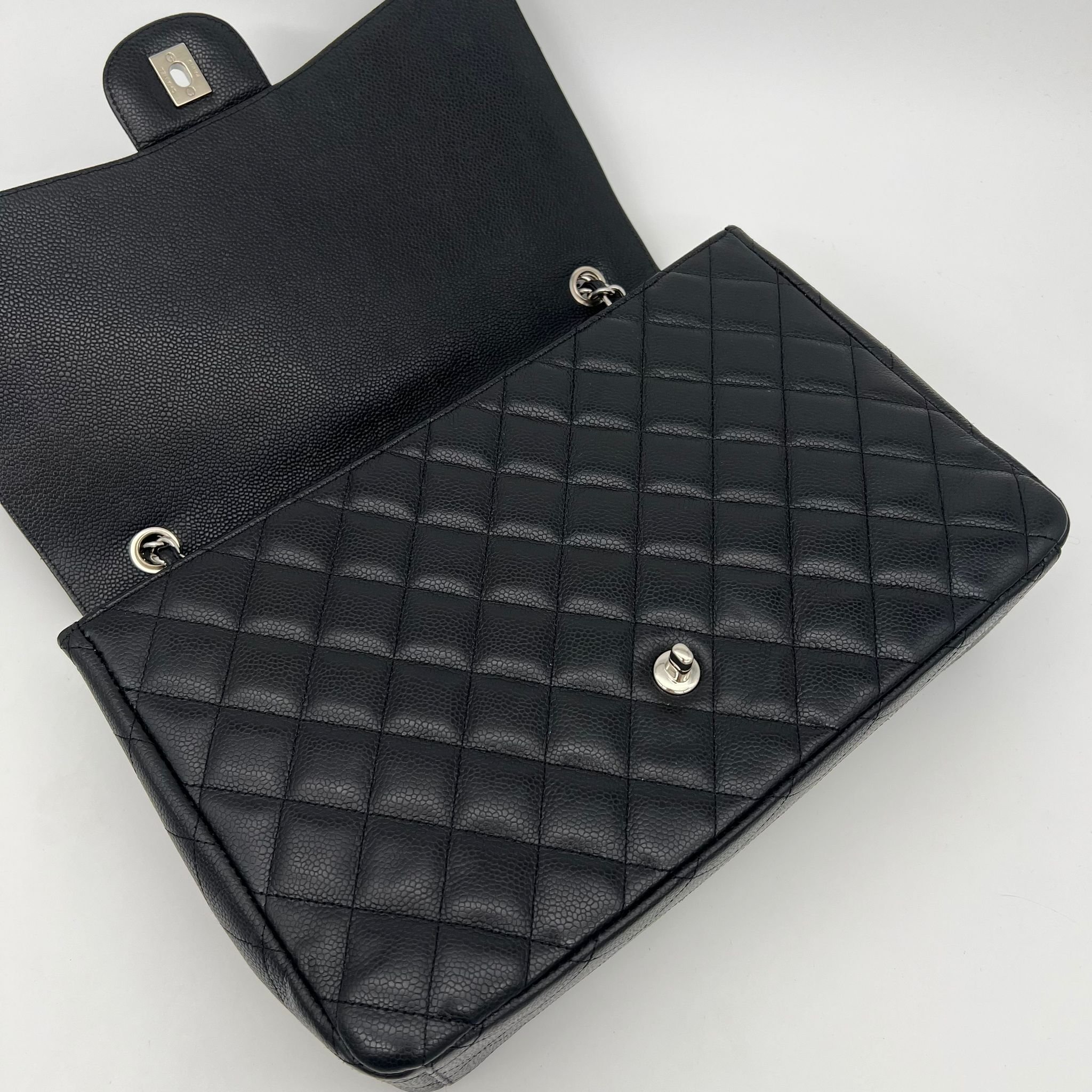 Chanel Classic Maxi Flap Bag Black Caviar Leather Silver Hardware