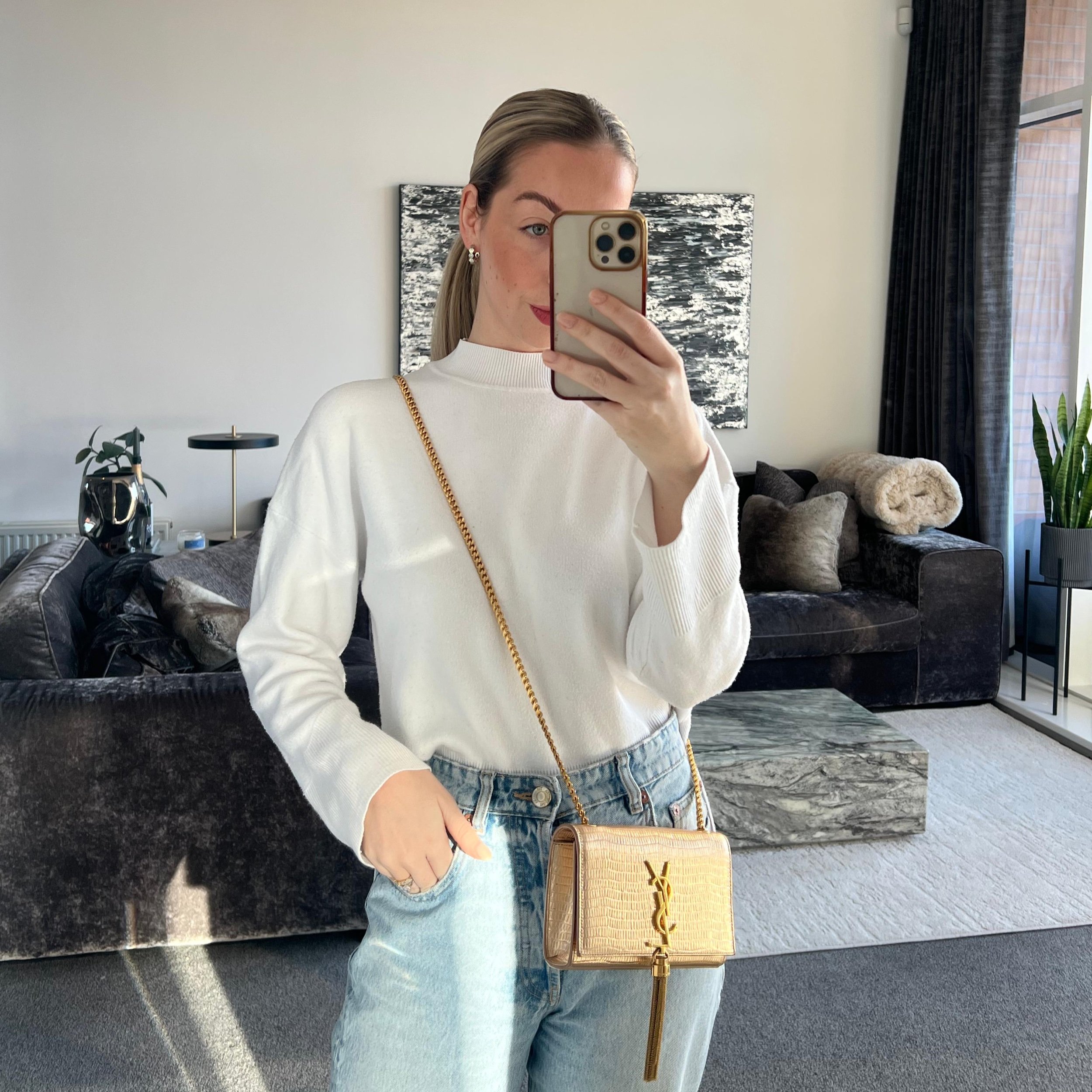 Saint Laurent YSL Kate Small Tassel Bag Gold Lizard Embossed Leather on model