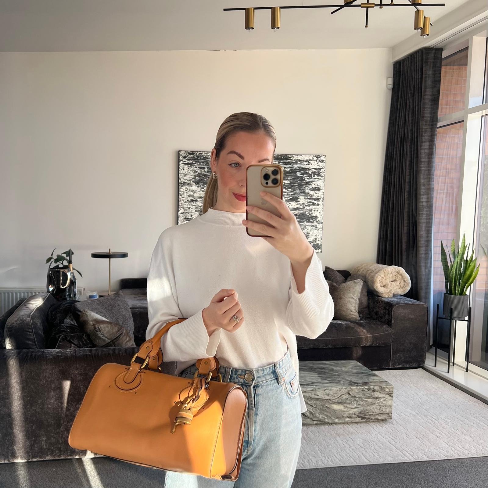 Chloe Aurore Duffel Bag in Caramel Leather on model