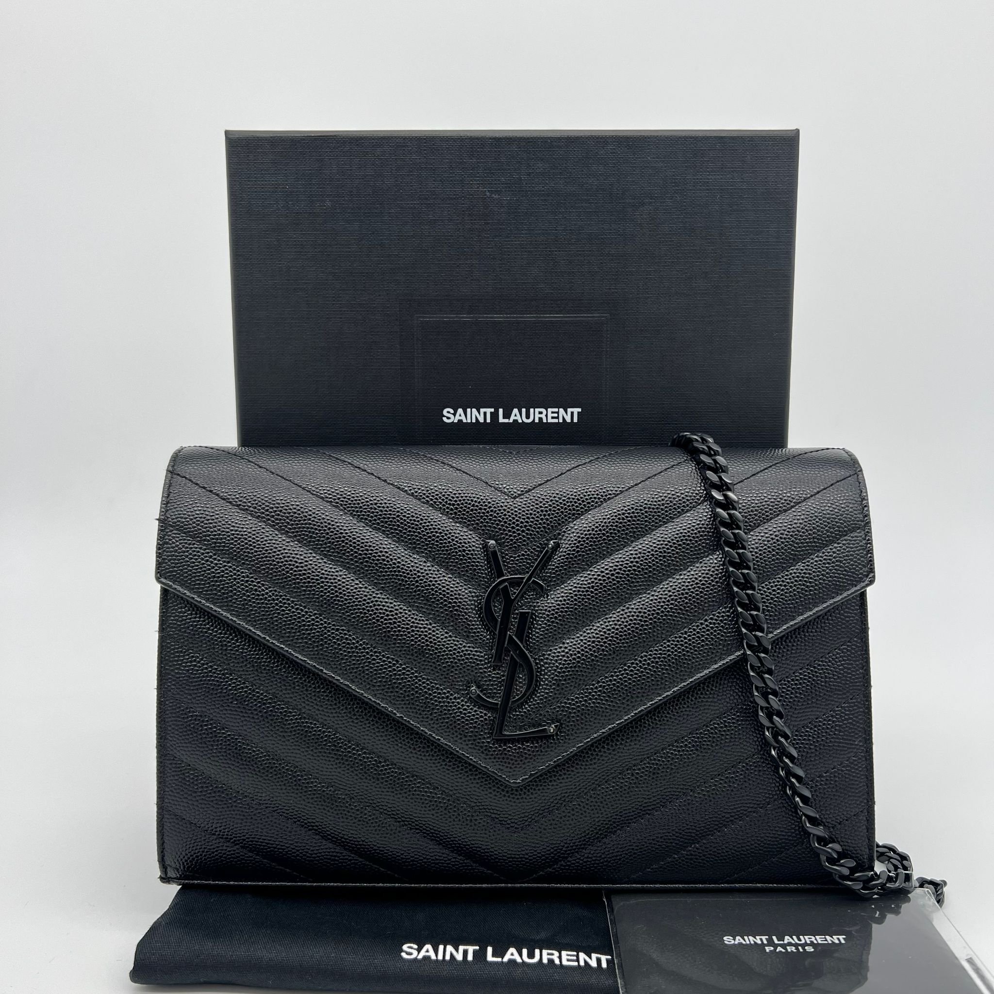 Saint Laurent YSL Large Envelope Wallet on Chain Bag in Black and Black Hardware front
