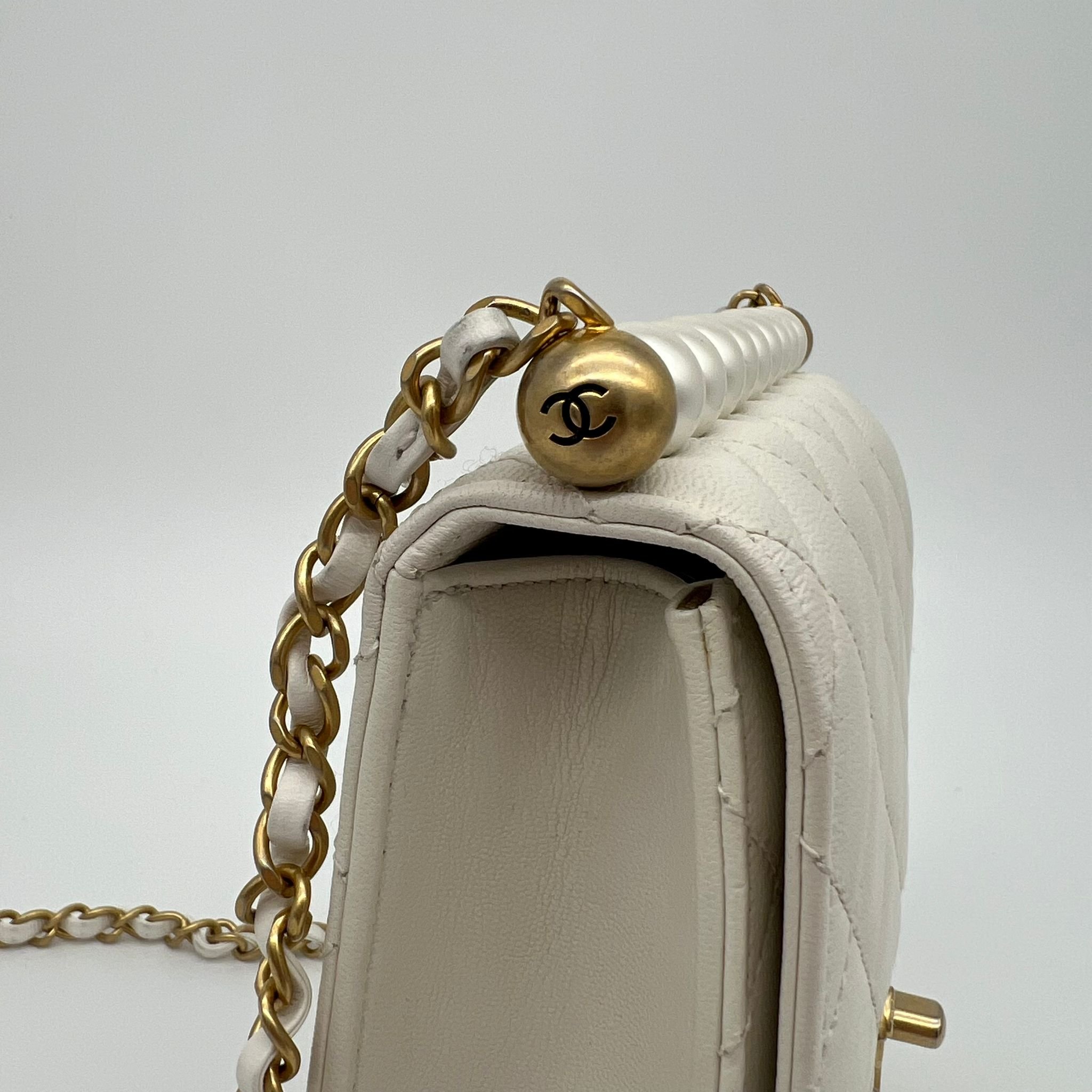 Chanel Small Chic Pearls White Flap Bag Antique Gold Hardware side