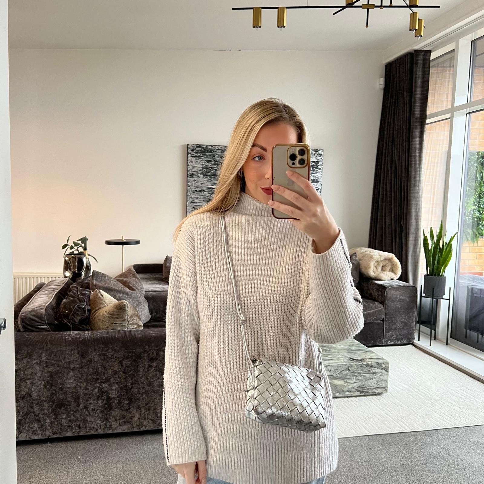 Bottega Veneta Mini Loop Bag In Silver on model