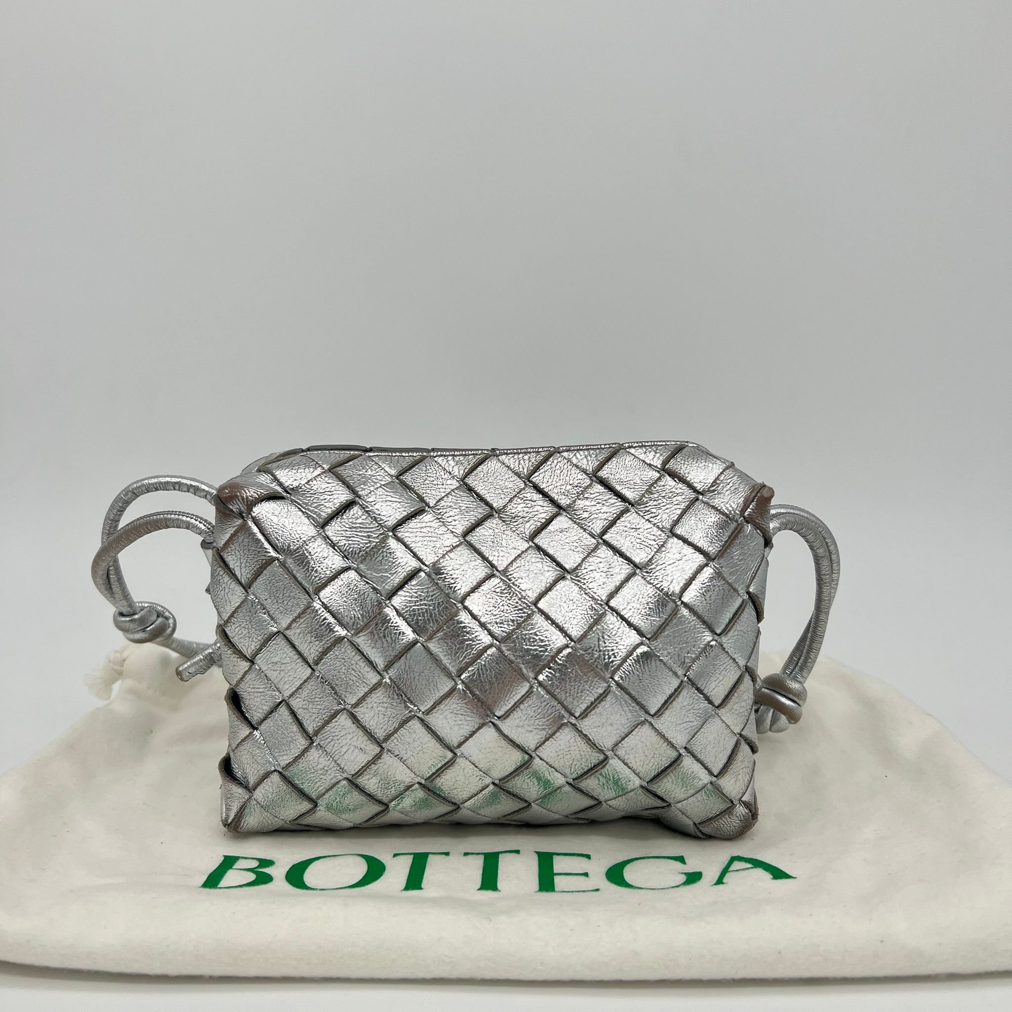 Bottega Veneta Mini Loop Bag In Silver with packaging