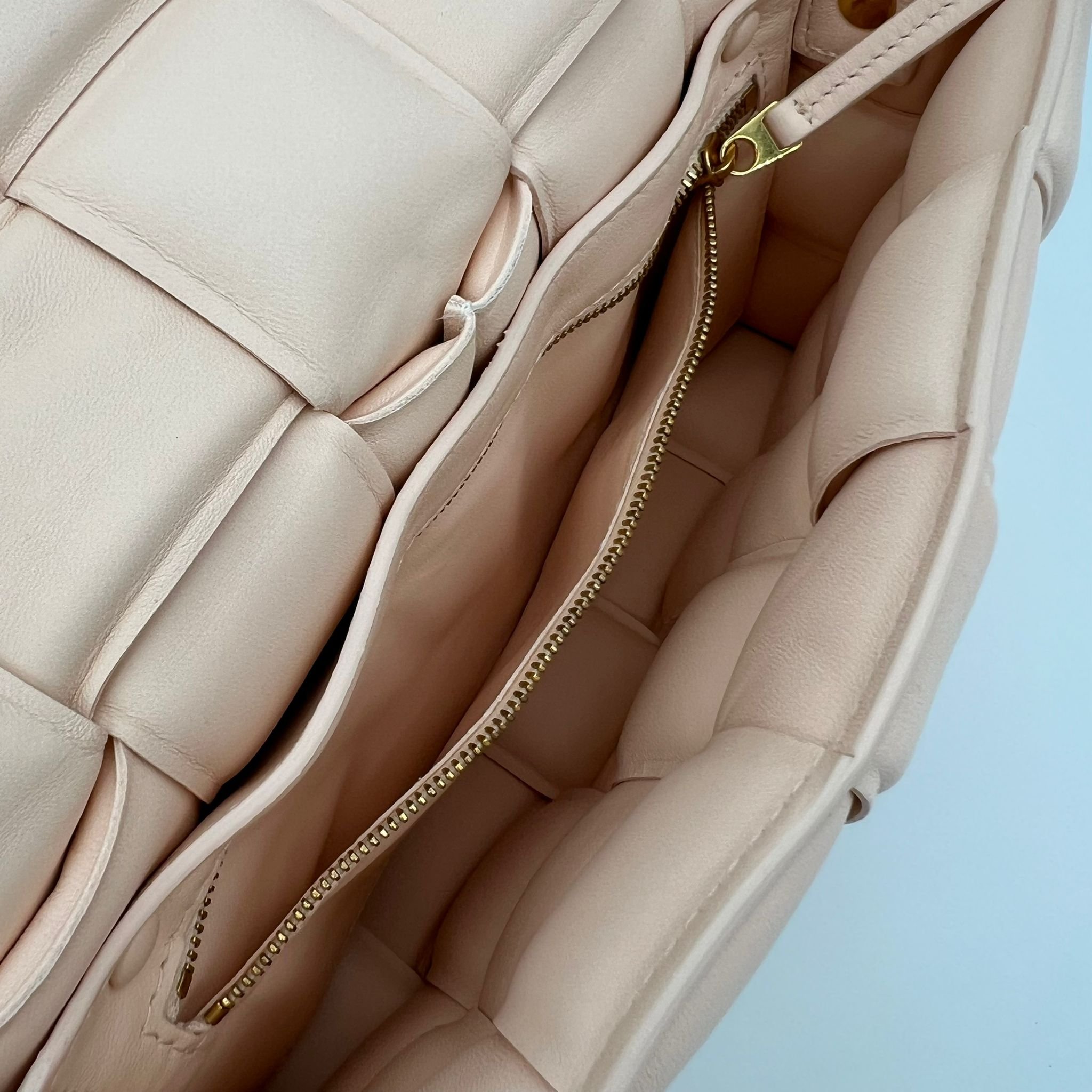 Bottega Veneta Classic Padded Cassette Bag Macaroon Pink Gold Hardware interior