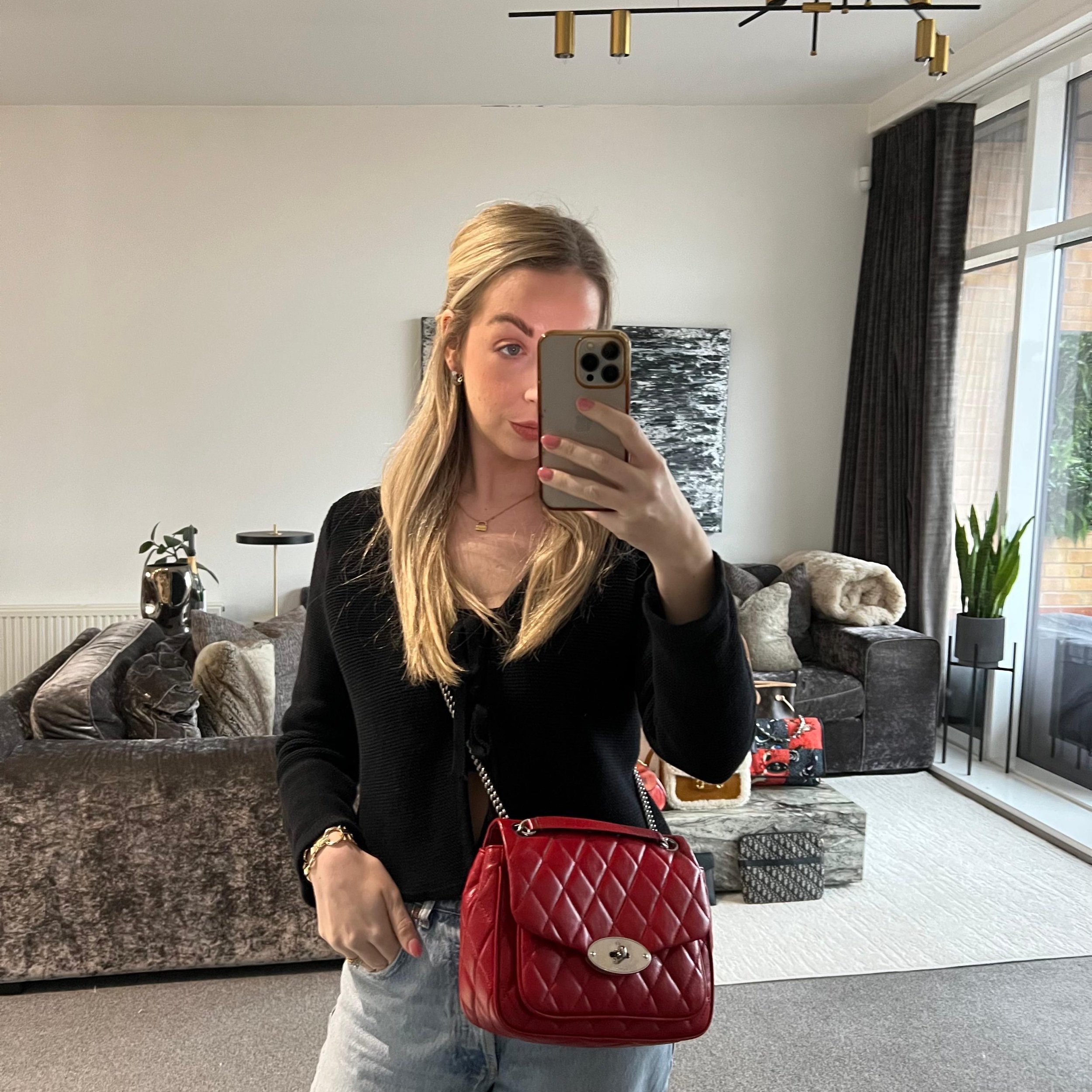 Mulberry Darley Small Shoulder Bag Scarlet Red Shiny Buffalo Quilted Leather on model