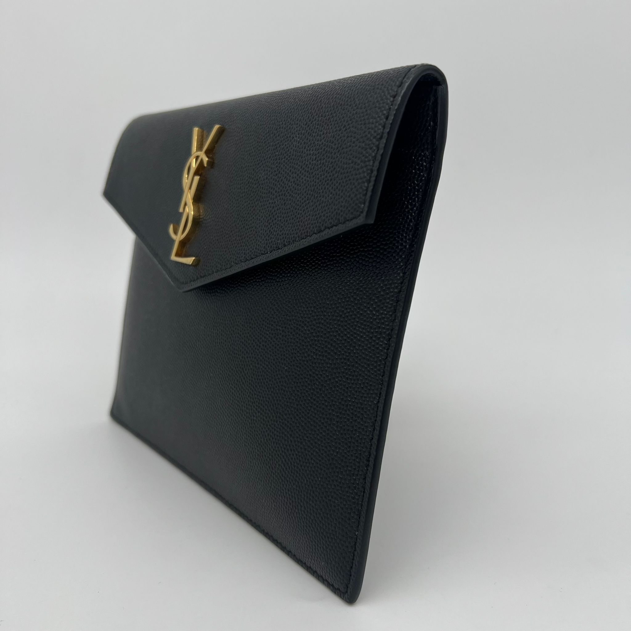 Saint Laurent YSL Baby Uptown Pouch Clutch Bag Black Grained Leather side