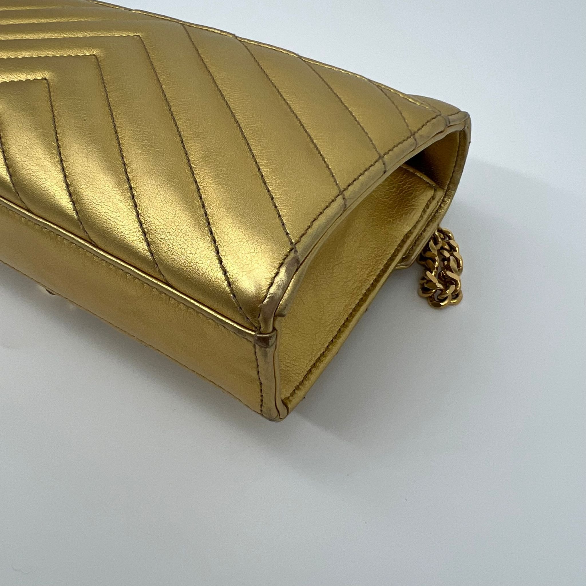 Saint Laurent YSL Small Monogram Envelope Chain Flap Bag in Metallic Gold corner