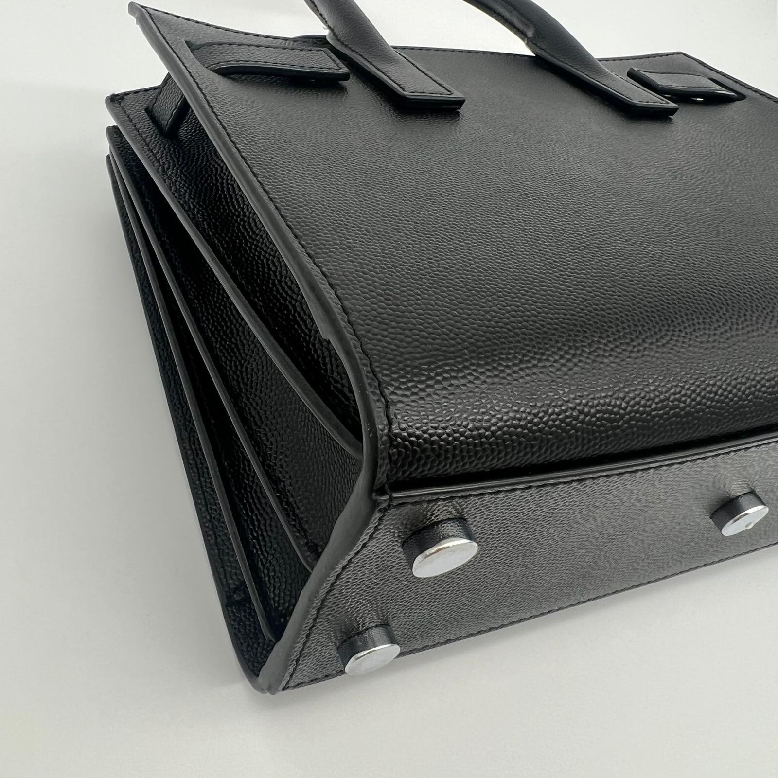Saint Laurent YSL Nano Sac De Jour Bag Black Grained Leather Silver Hardware corner