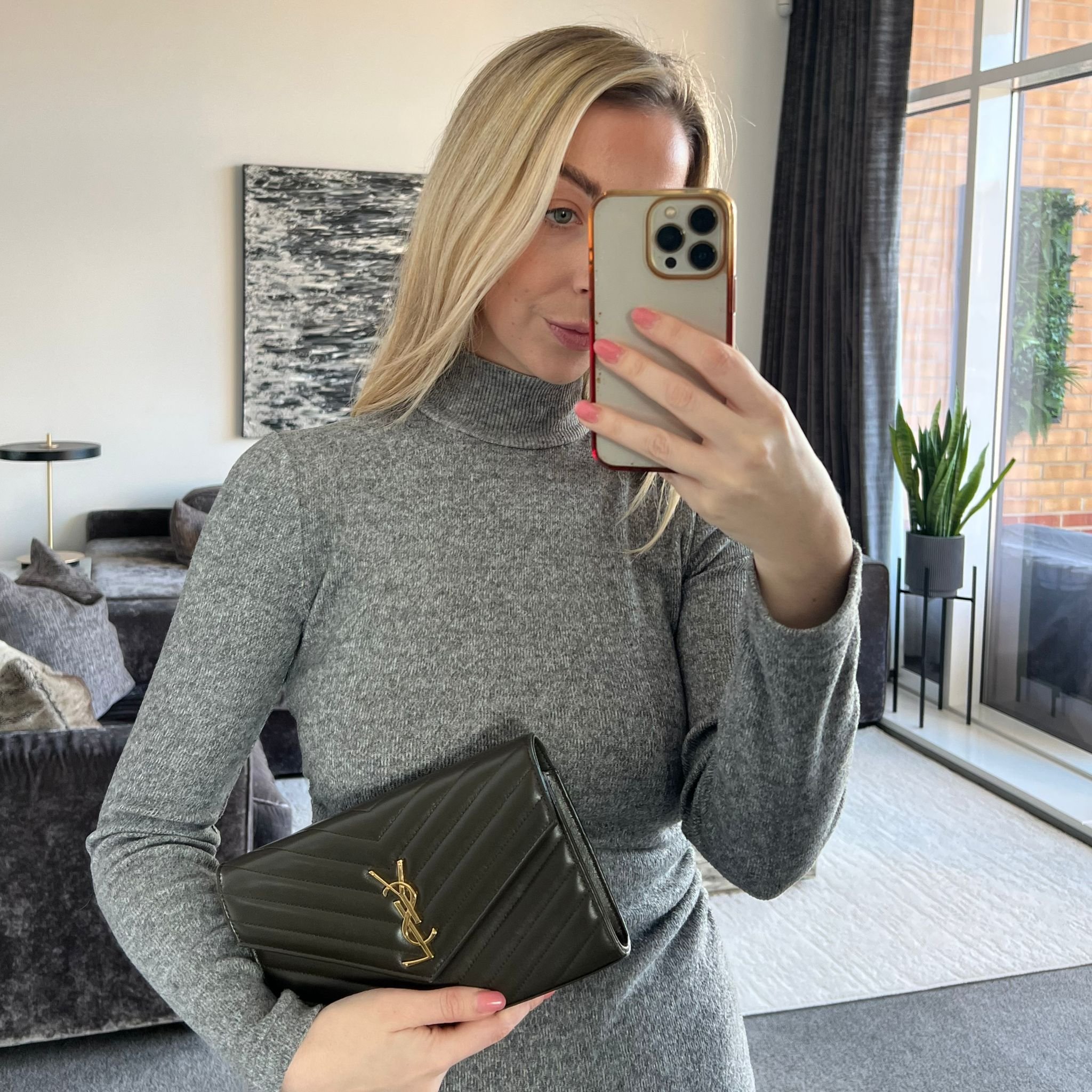 Saint Laurent YSL Large Envelope Wallet on Chain Bag Light Musk on model