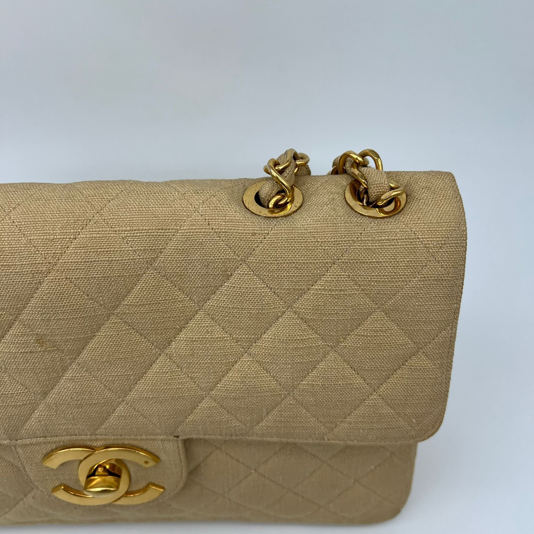 Chanel Maxi Jumbo XL Flap Bag in Beige Linen 24k Gold Hardware