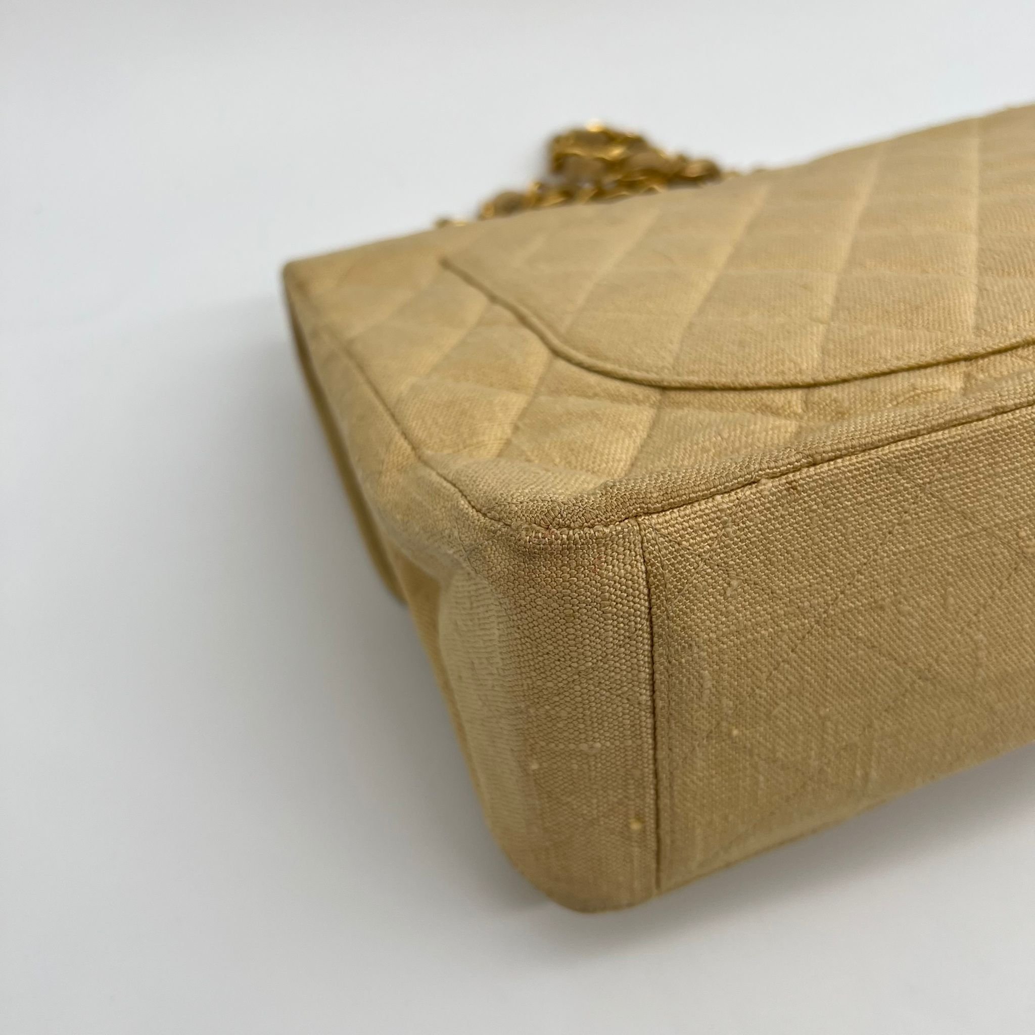 Chanel Maxi Jumbo XL Flap Bag in Beige Linen 24k Gold Hardware corner