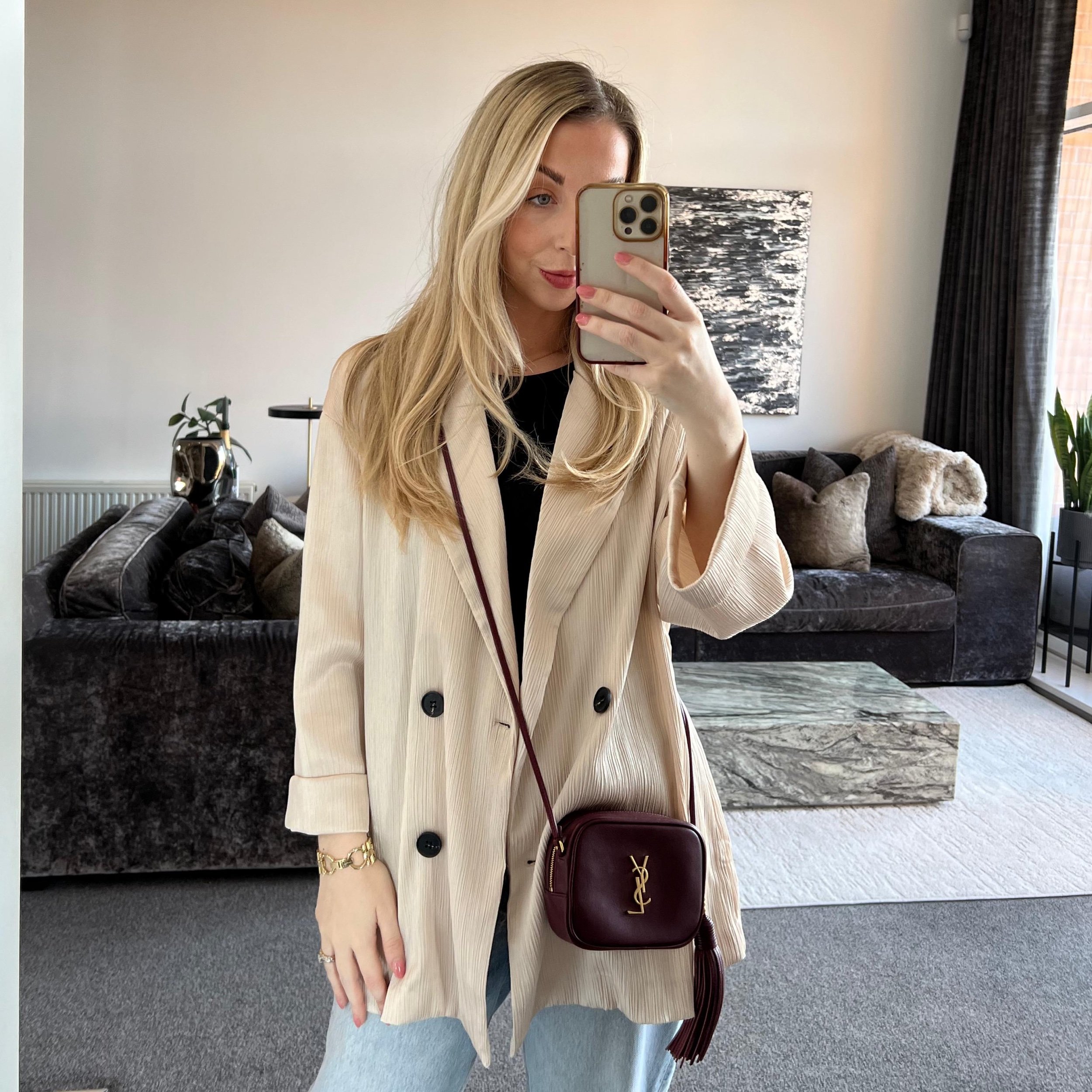 Saint Laurent YSL Blogger Bag in Rouge Legion Burgundy Gold Hardware on model