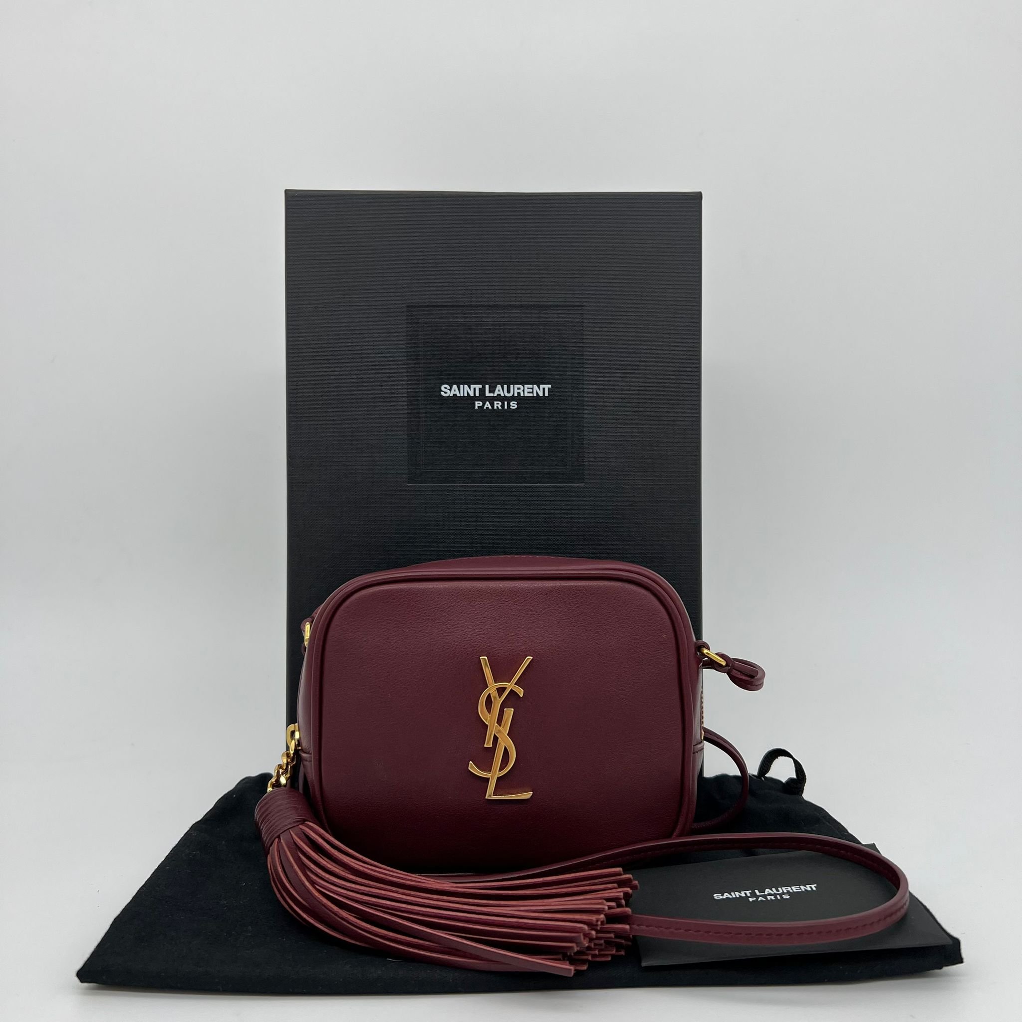 Saint Laurent YSL Blogger Bag in Rouge Legion Burgundy Gold Hardware with packaging
