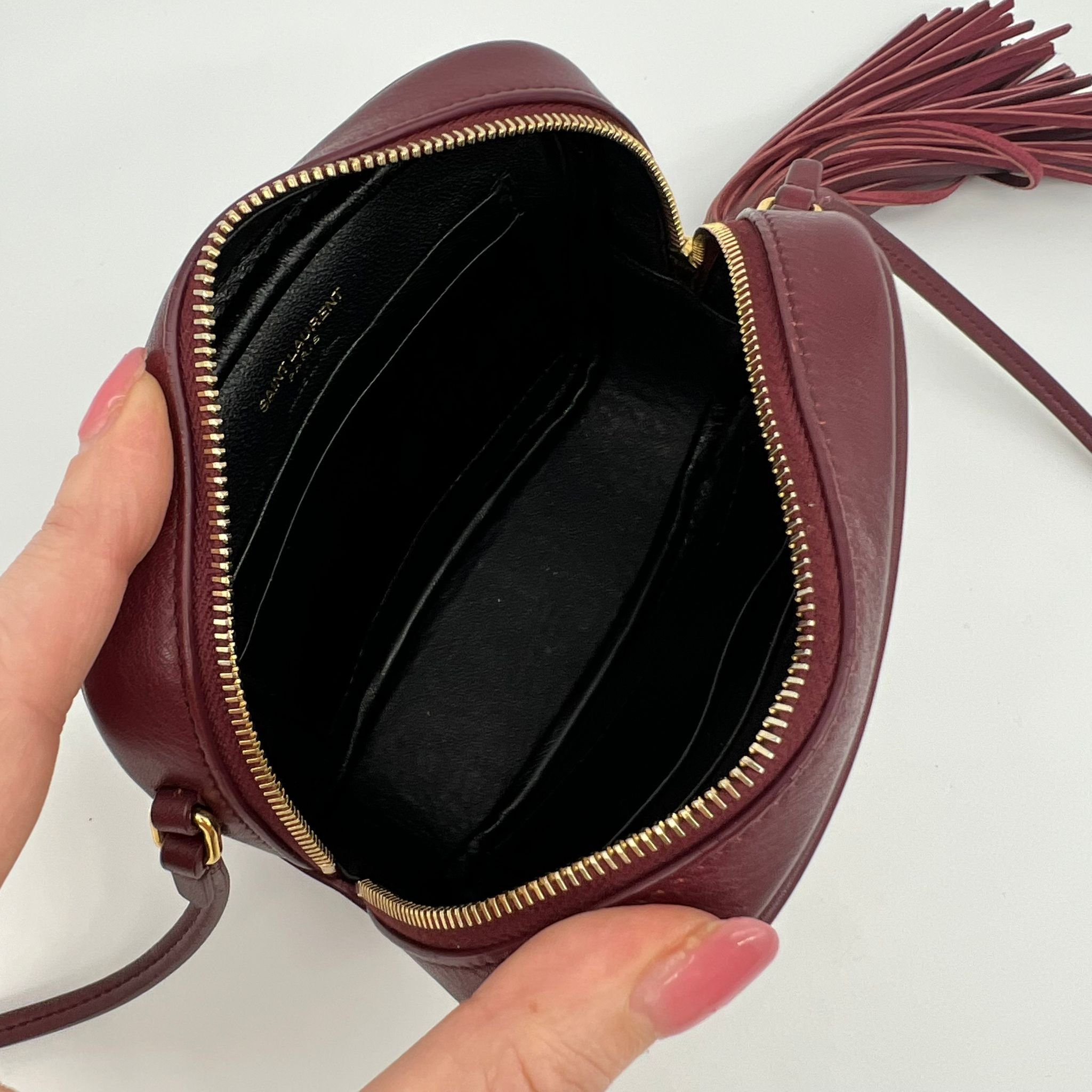 Saint Laurent YSL Blogger Bag in Rouge Legion Burgundy Gold Hardware interior