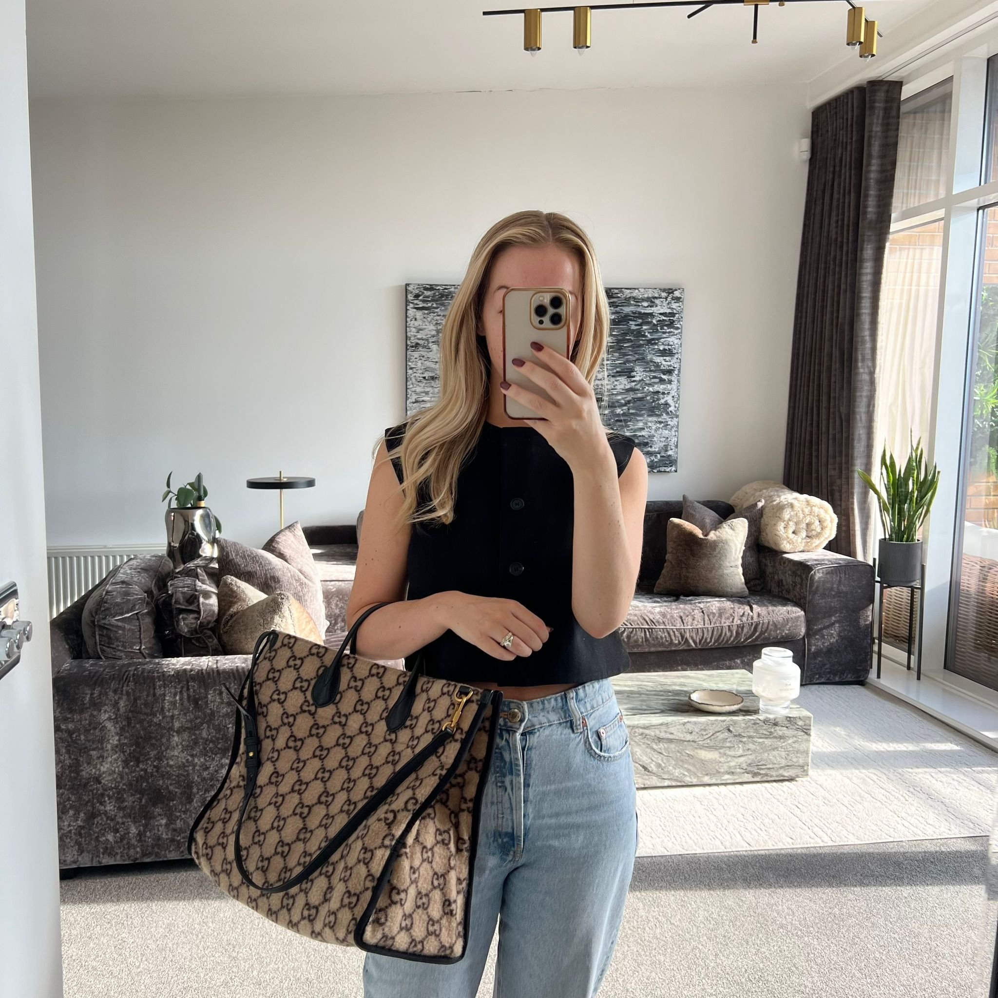 Gucci Wool GG Monogram Large Tote Bag in Beige and Black Leather Trim on model