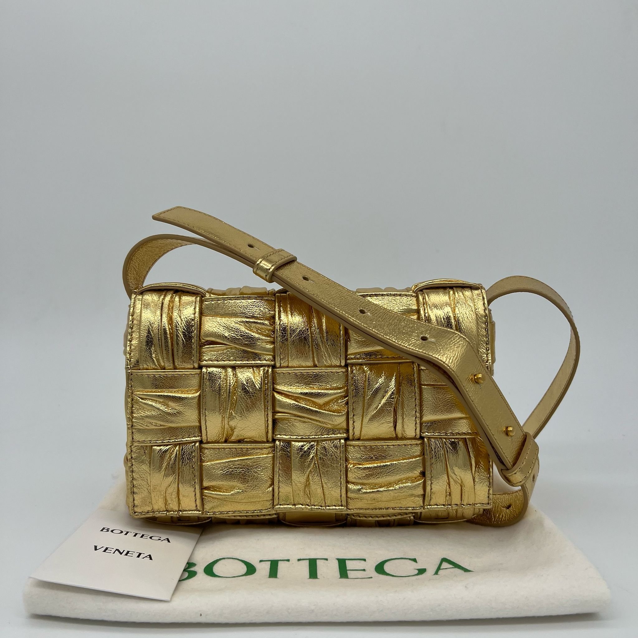 Bottega Veneta Cassette Intrecciato Padded Metallic Gold Leather Bag with packaging