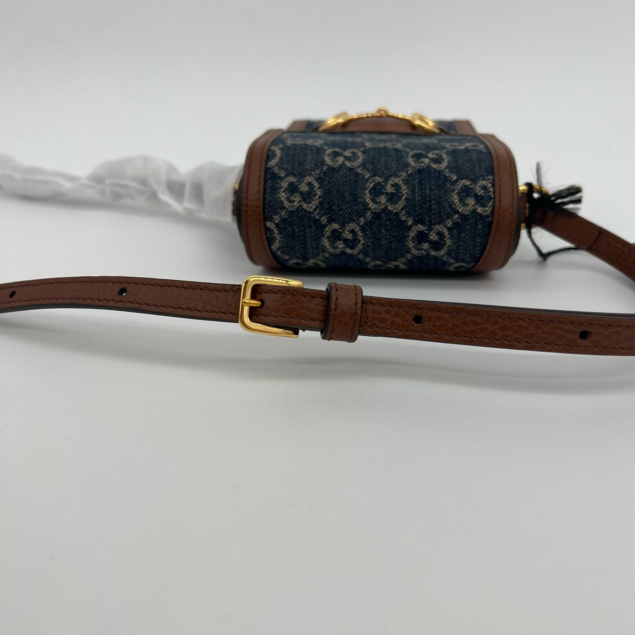 Gucci Horsebit 1955 Vertical Denim GG Crossbody Bag with Gold Hardware strap