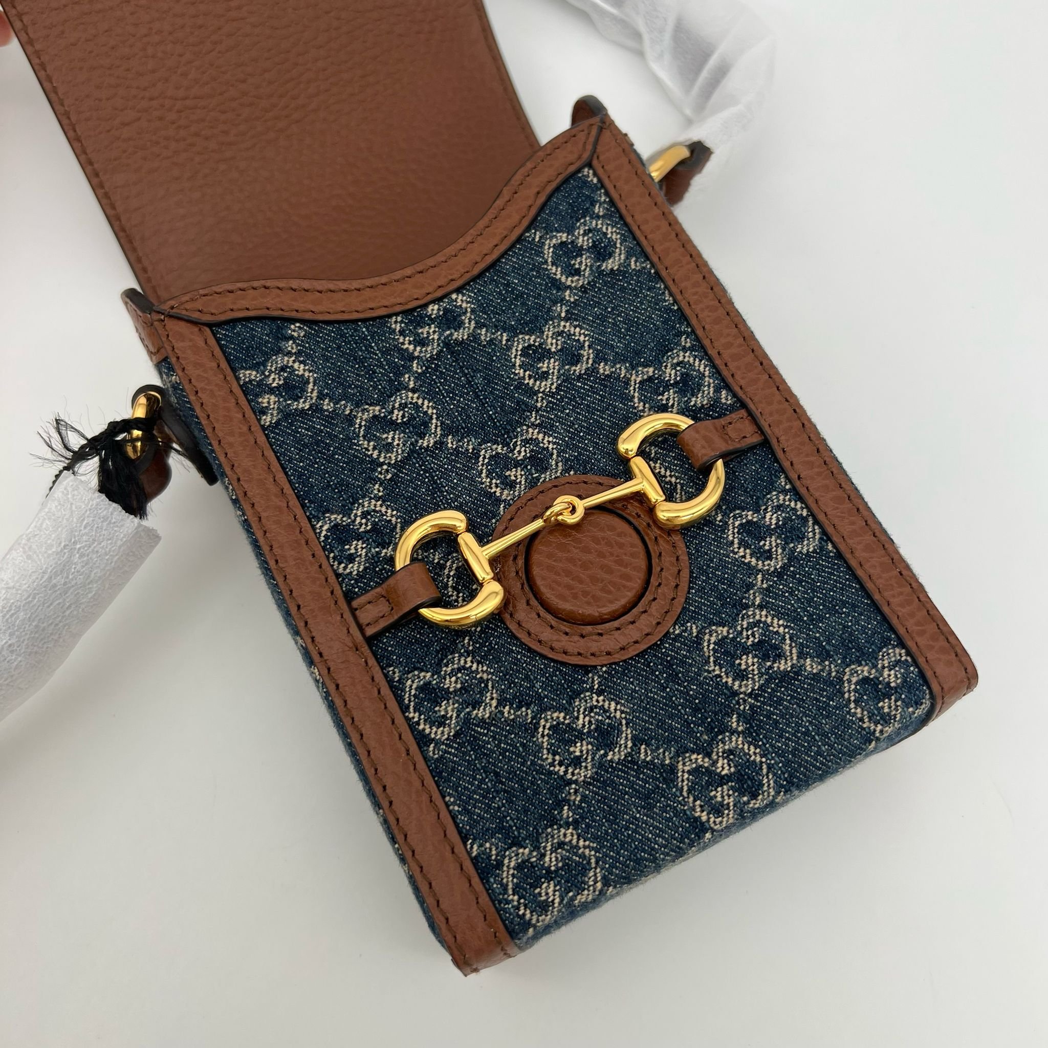 Gucci Horsebit 1955 Vertical Denim GG Crossbody Bag with Gold Hardware interior