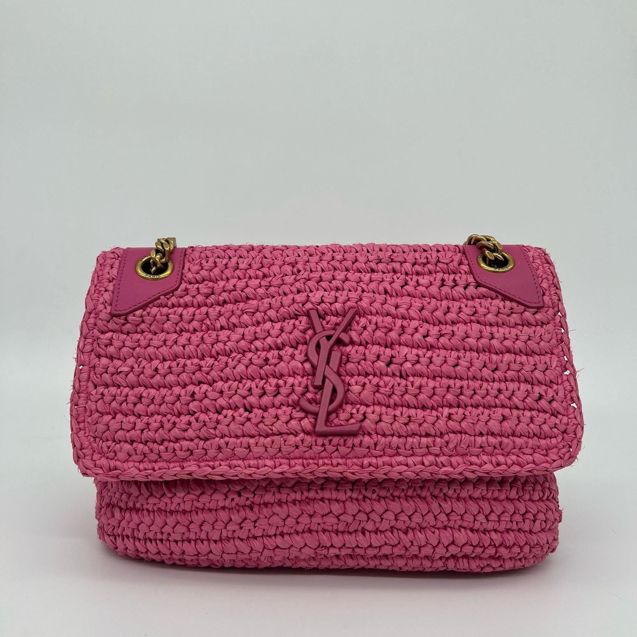 Saint Laurent YSL Bright Pink Raffia Medium Niki Bag with Calfskin leather Monogram and Gold Hardware front