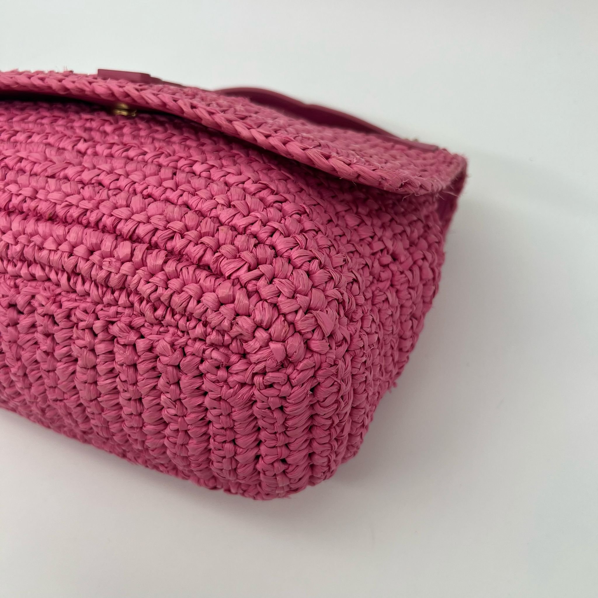 Saint Laurent YSL Bright Pink Raffia Medium Niki Bag with Calfskin leather Monogram and Gold Hardware corners