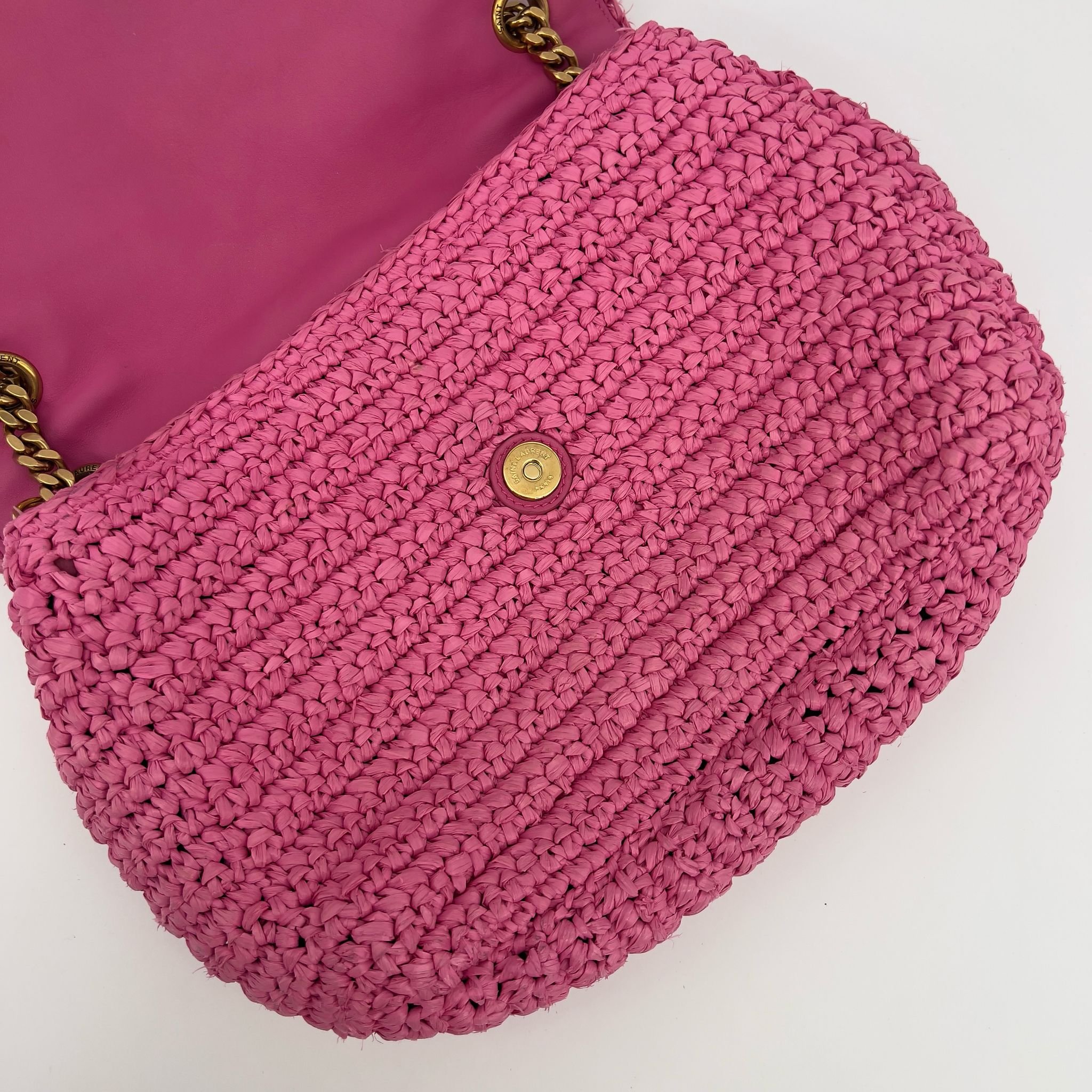 Saint Laurent YSL Bright Pink Raffia Medium Niki Bag with Calfskin leather Monogram and Gold Hardware interior