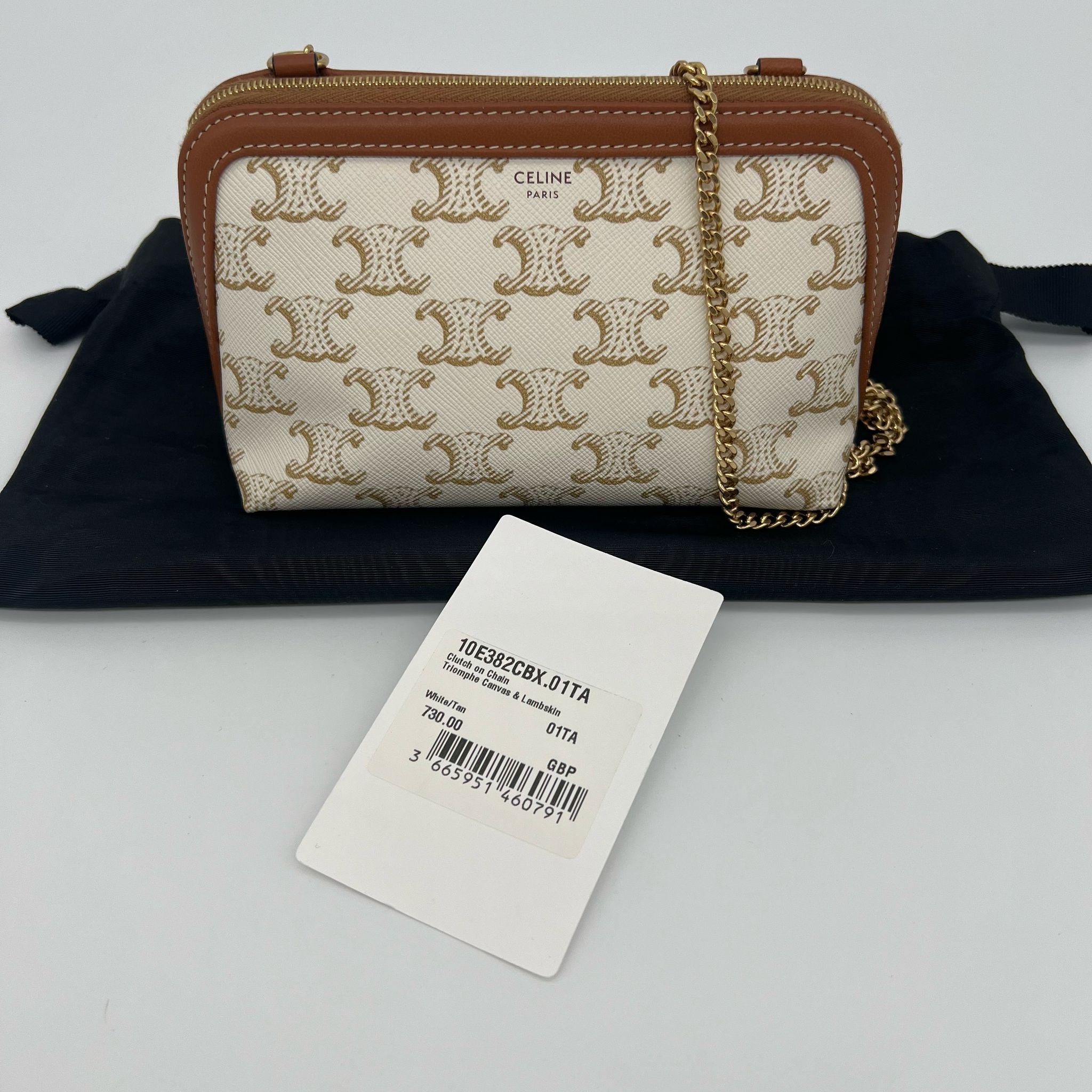 Celine Clutch with Chain Bag in Triomphe Canvas and Lambskin Leather with packaging