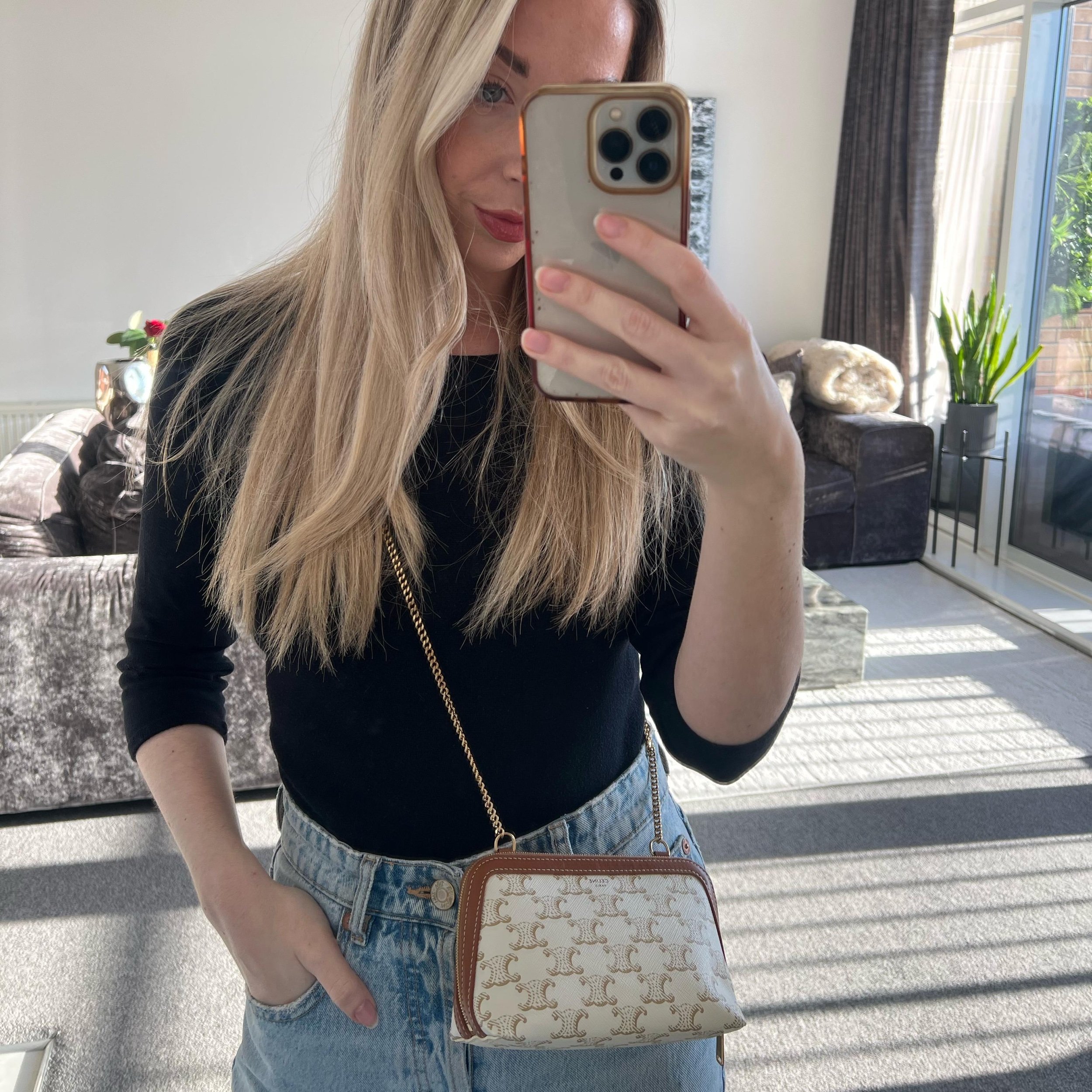 Celine Clutch with Chain Bag in Triomphe Canvas and Lambskin Leather on model