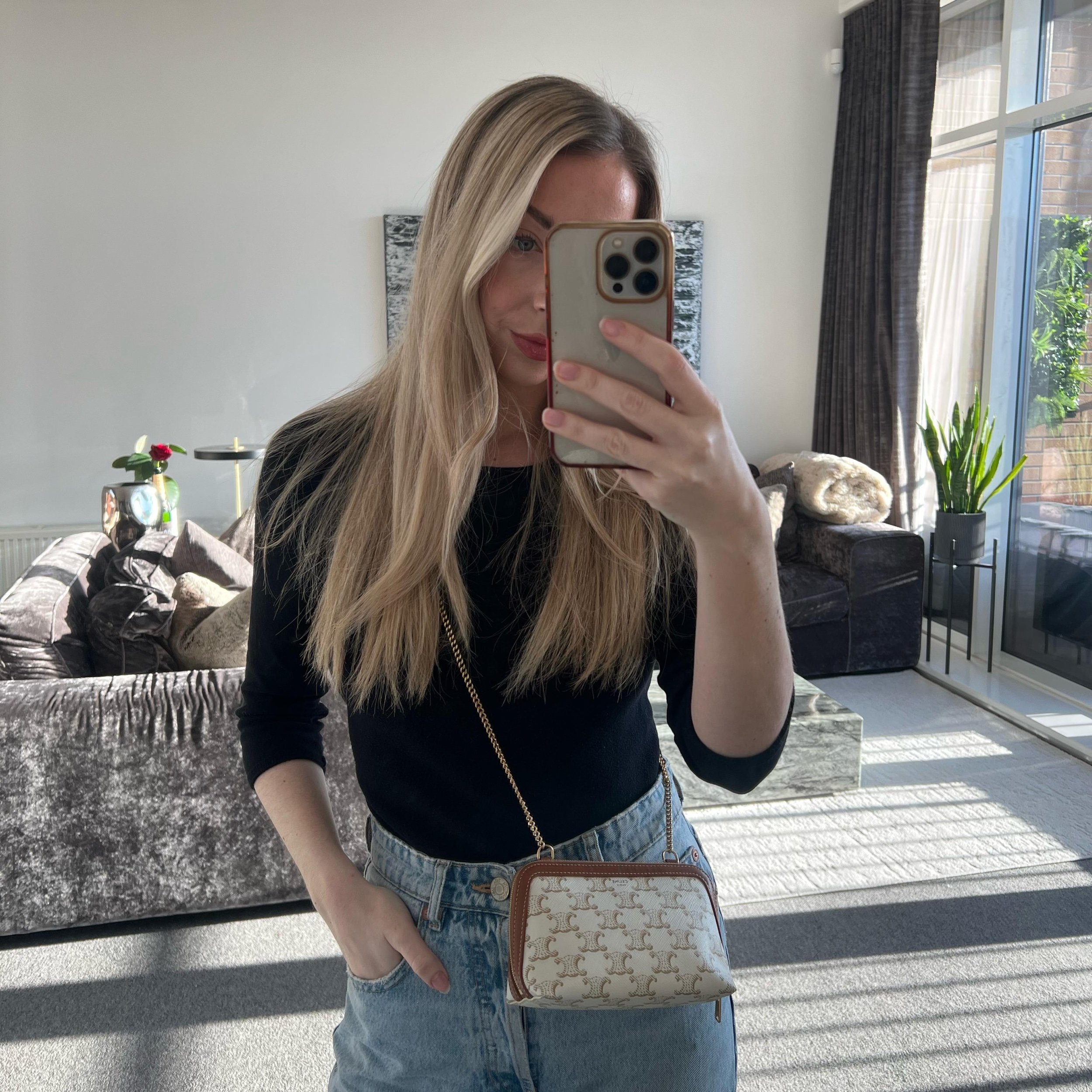 Celine Clutch with Chain Bag in Triomphe Canvas and Lambskin Leather on model