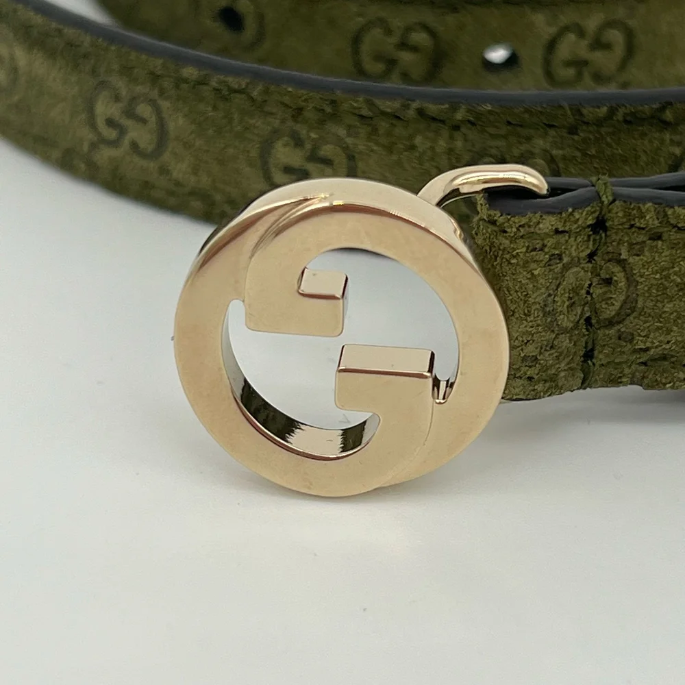 Gucci Blondie Thin Belt in Dark Green Mini GG Monogram Suede 