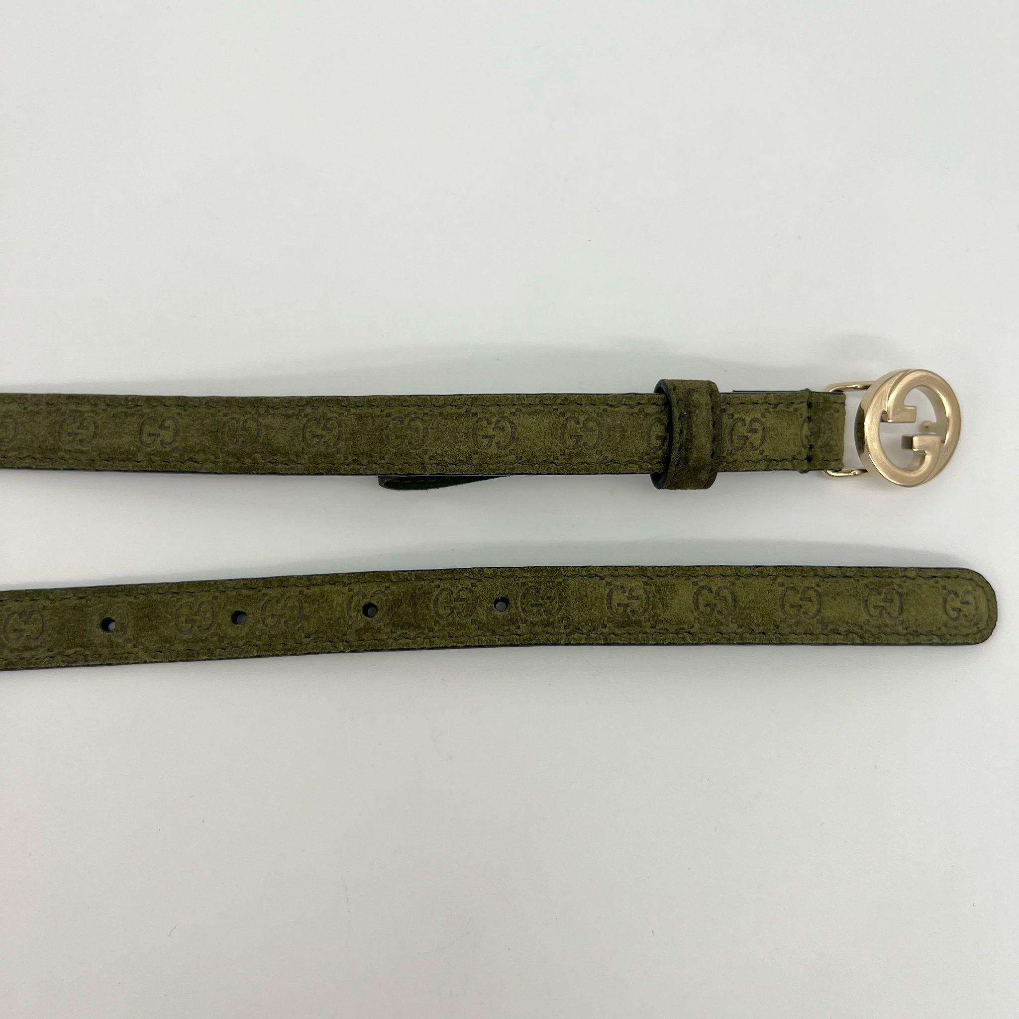Gucci Blondie Thin Belt in Dark Green Mini GG Monogram Suede with Gold Hardware