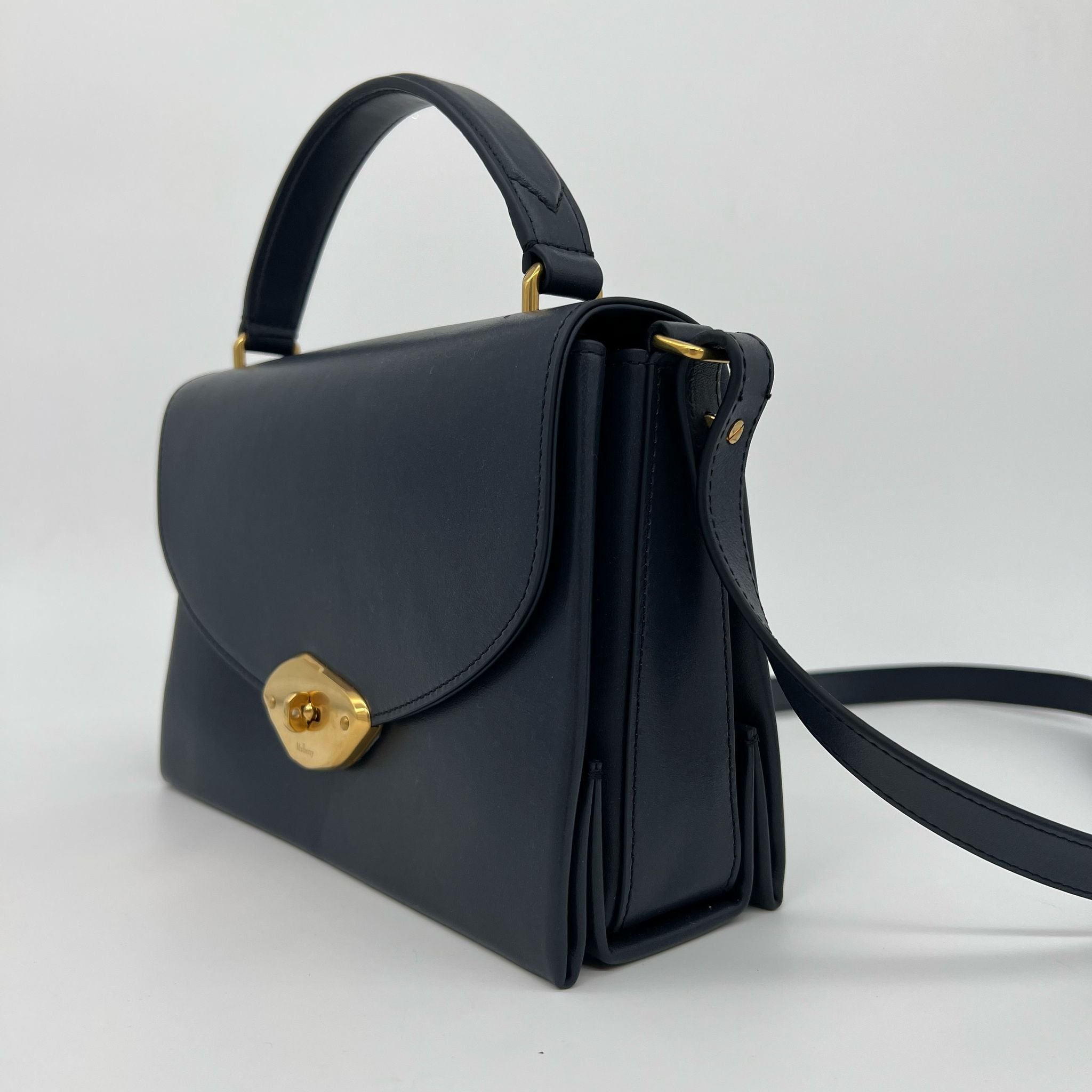 Mulberry Lana Top Handle Bag Night Sky High Gloss Leather Gold Hardware side