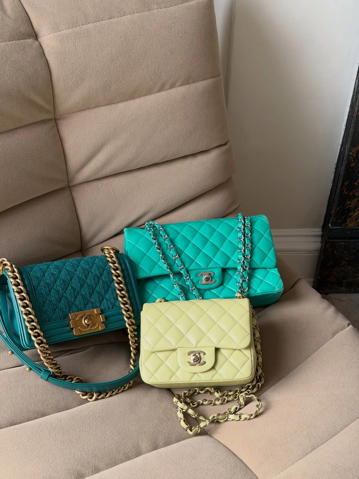 Obsessed is an understatement 🩵🍋&zwj;🟩 Emerald, turquoise, or lime we can&rsquo;t choose. Which Chanel are you taking home? 😍

All available to shop on our website. 

Please note, we&rsquo;re not affiliated or associated with the brands we sell.