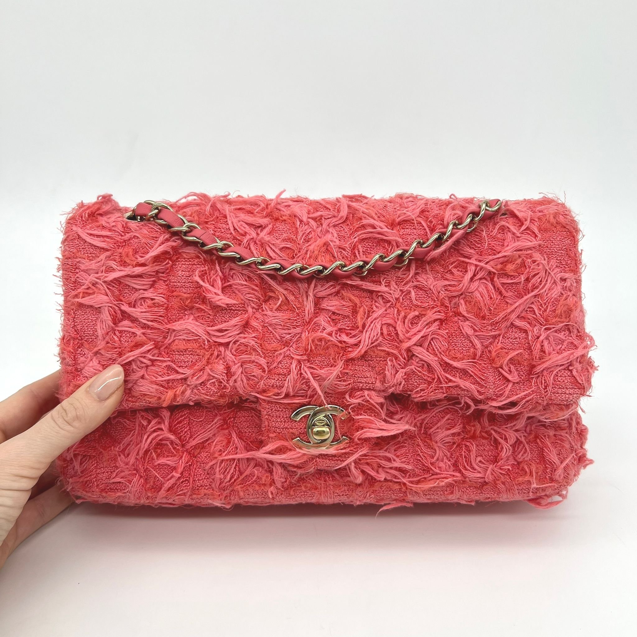 Chanel Timeless Classic Medium Double Flap Bag Coral Pink Tweed 2020 Front