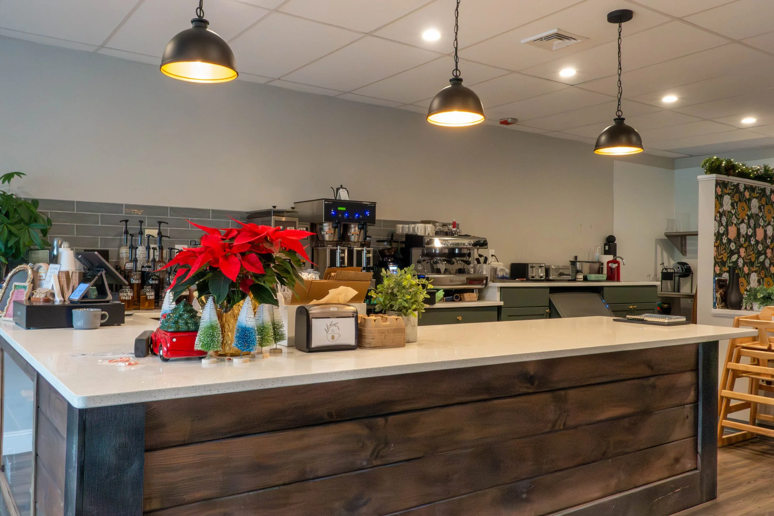 Counter with 3 hanging lights above it