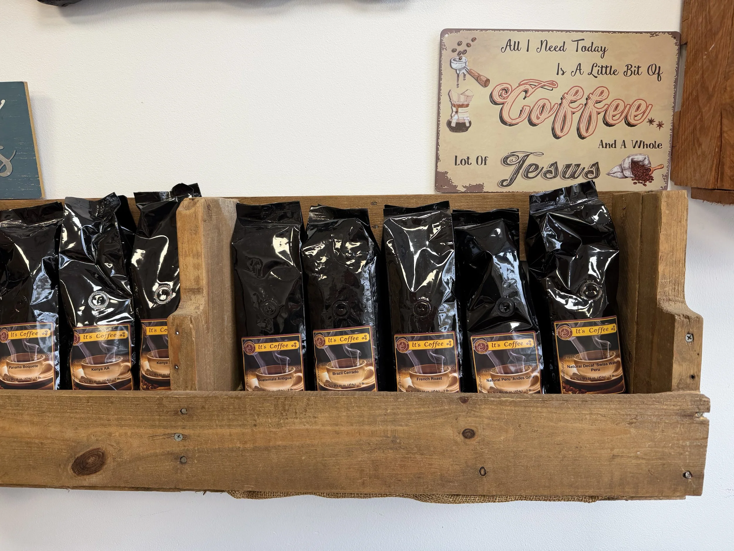 Bags of coffee beans on a shelf