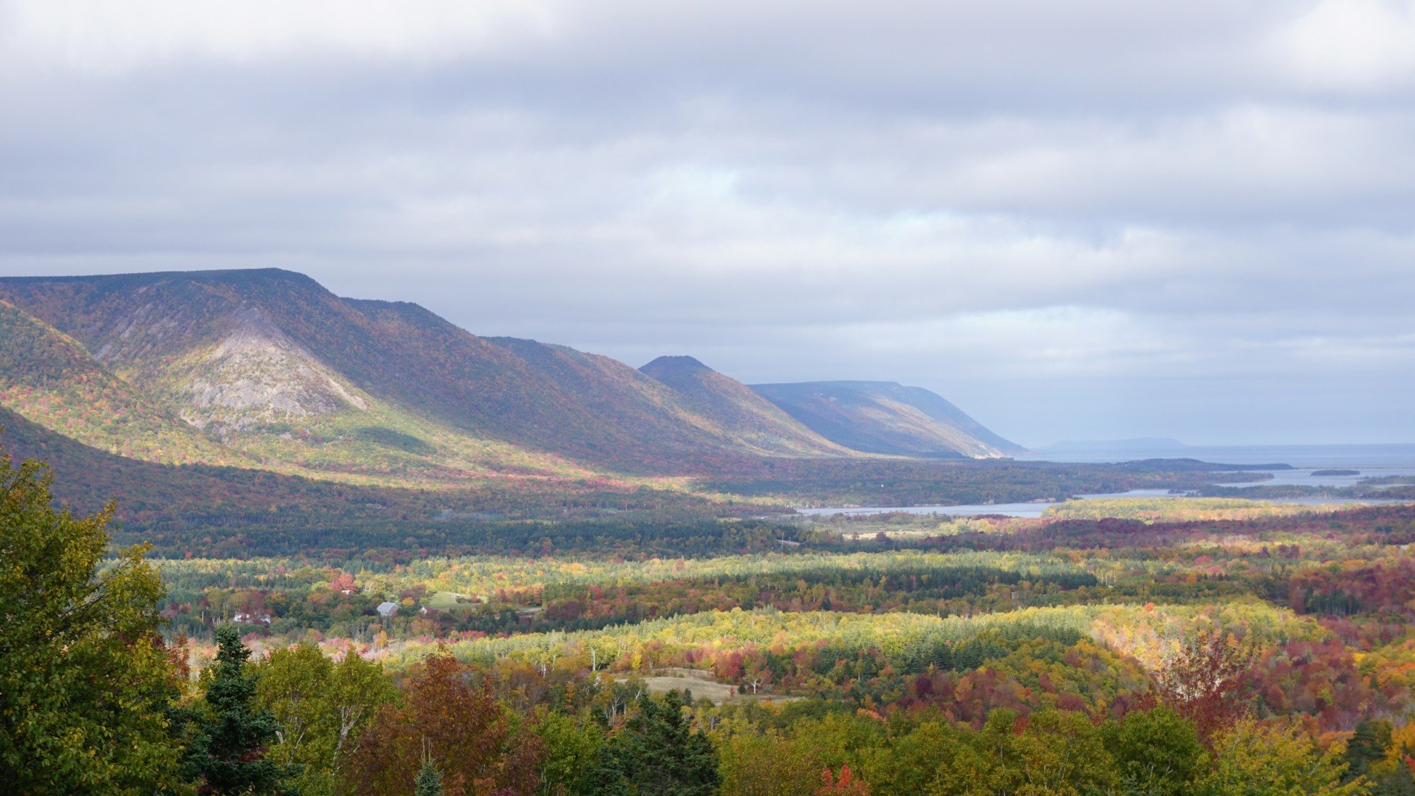Looking northeast along the scarp of the Carboniferous and younger Aspy Fault. Offset of a raised beach along Aspy Bay demonstrates post-Pleistocene motion on the fault.