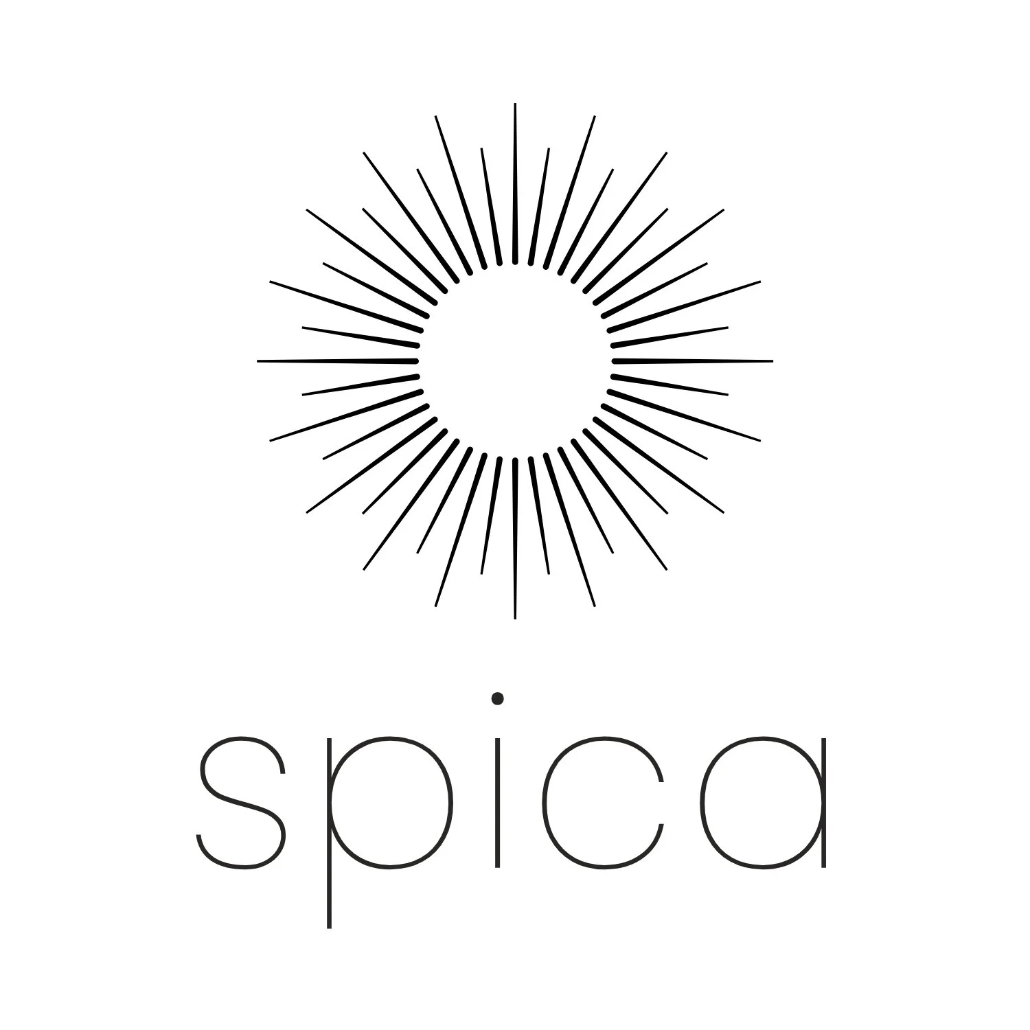 Minimalist logo with a circular sunburst design above the word 'spica' in thin, lowercase letters.