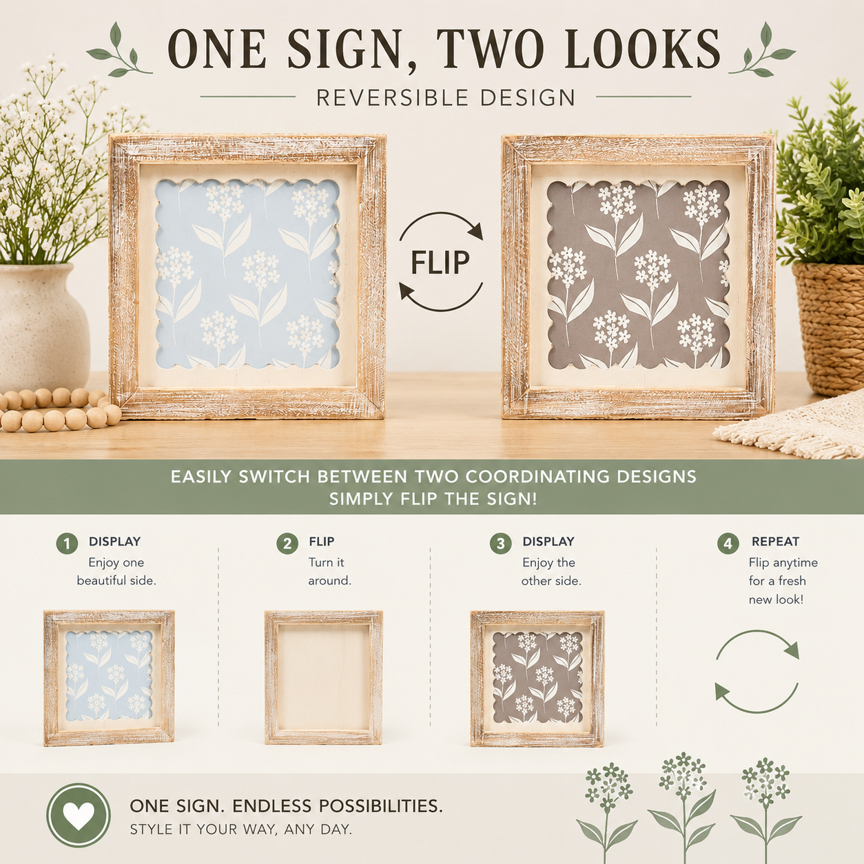 Reversible Floral Wood Frame Sign – Double-Sided Farmhouse Décor