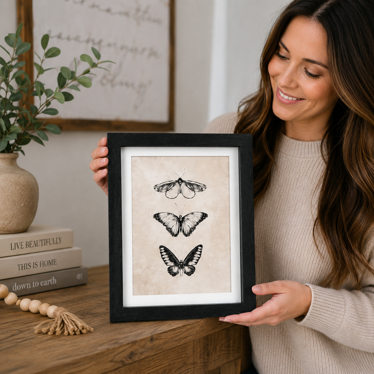 Reversible Butterfly & Abstract Art Wood Framed Sign – Two Designer Looks in One