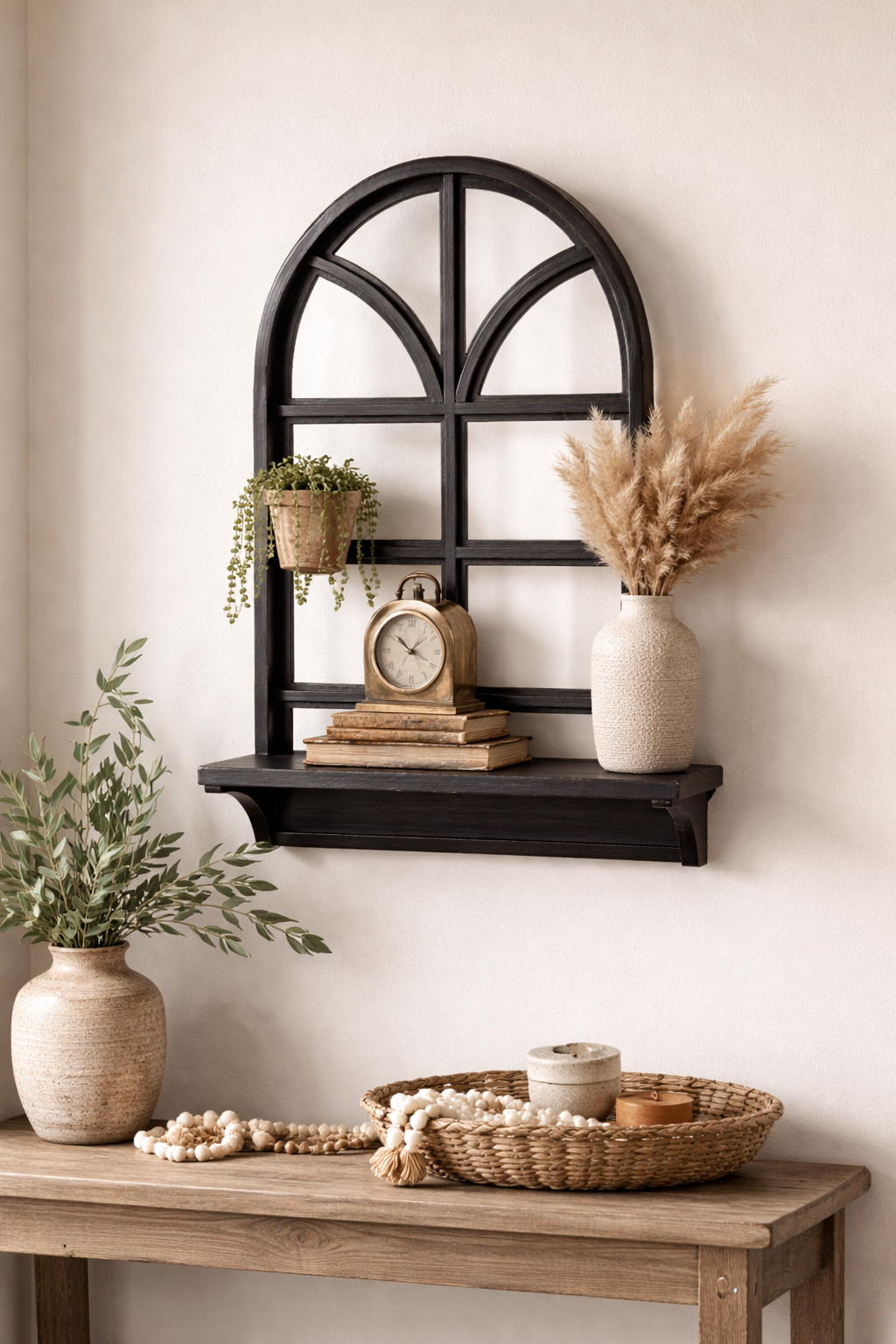 Large Arched Window Wall Shelf (Black) — 36" Wood Frame with Display Ledge