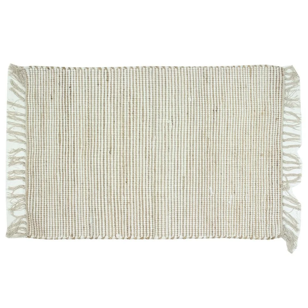 Handwoven Jute Chindi Accent Rug with Fringe, Natural & White (24″ × 35″)