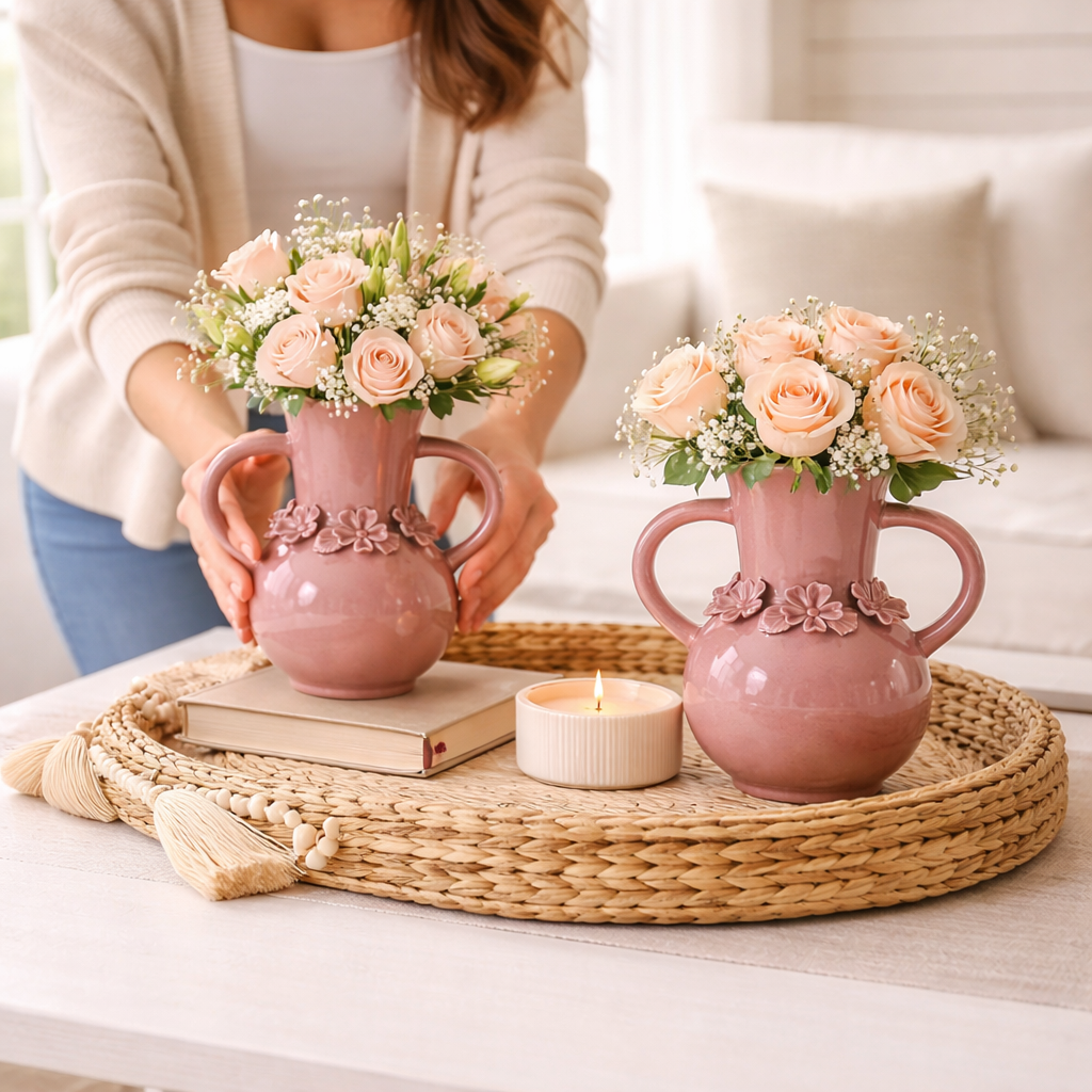 Mauve Pink Stoneware Floral Accent Vase Set of 2